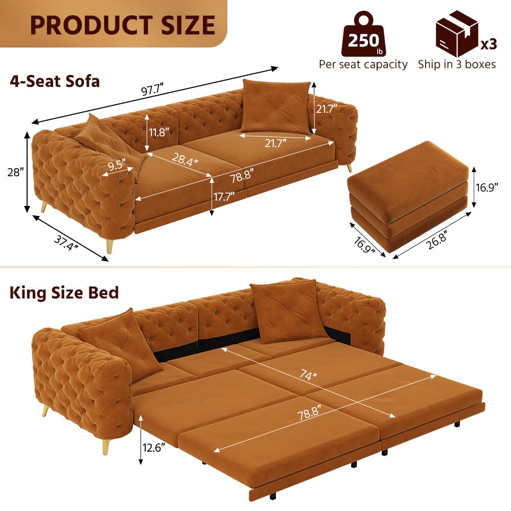 Orange Velvet Convertible Sleeper Sofa with Ottoman E925543