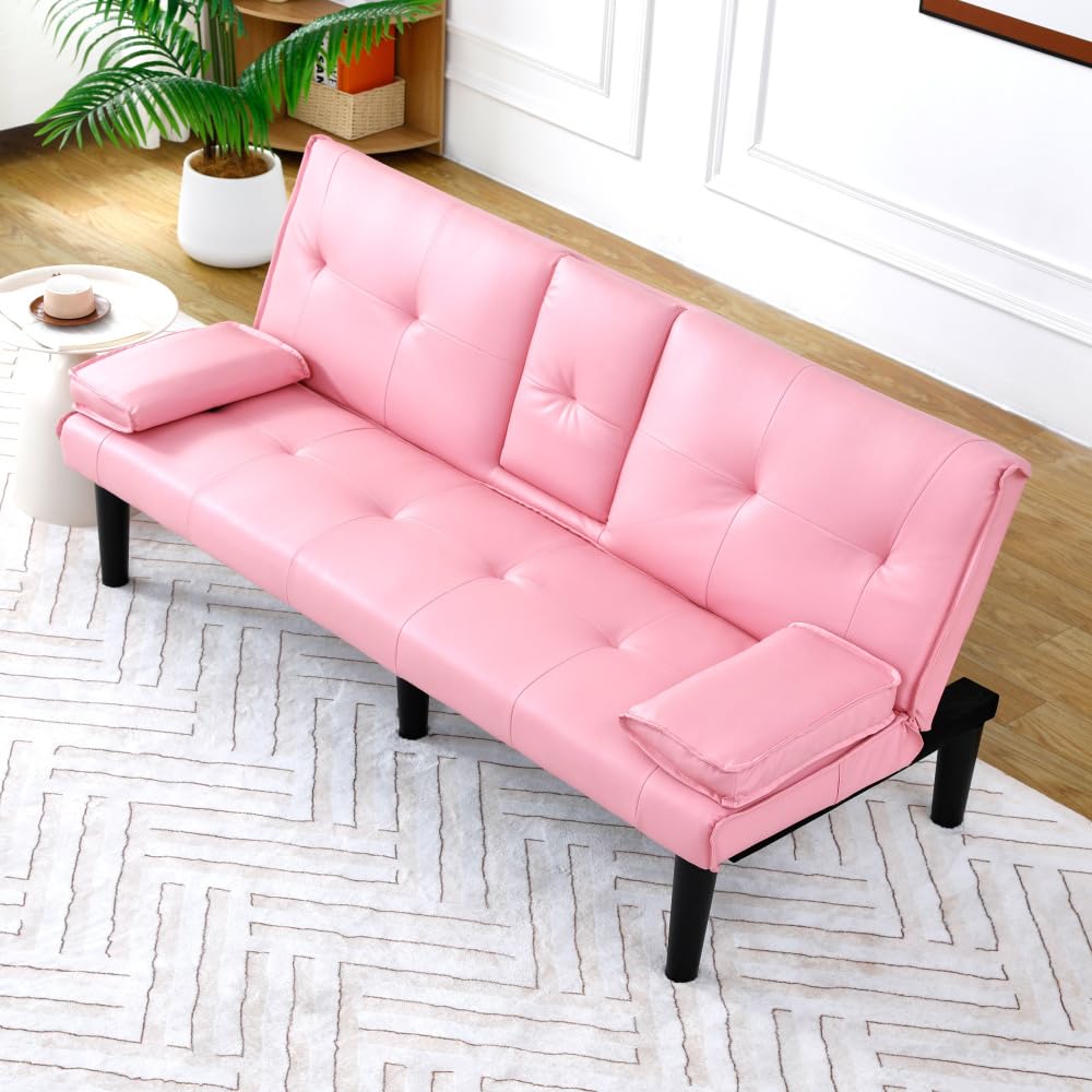 Pink 67-Inch PVC Convertible Sofa Bed Z5380