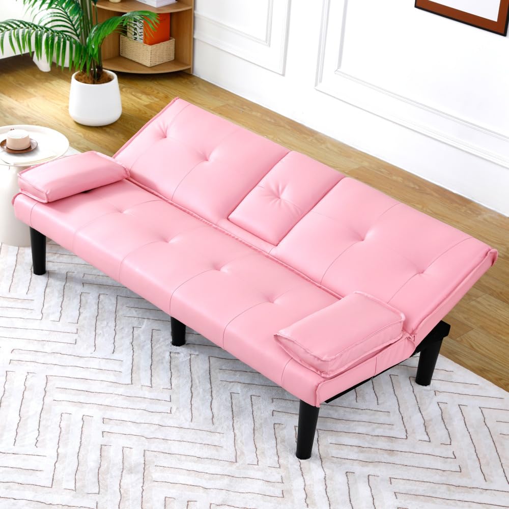 Pink 67-Inch PVC Convertible Sofa Bed Z5380