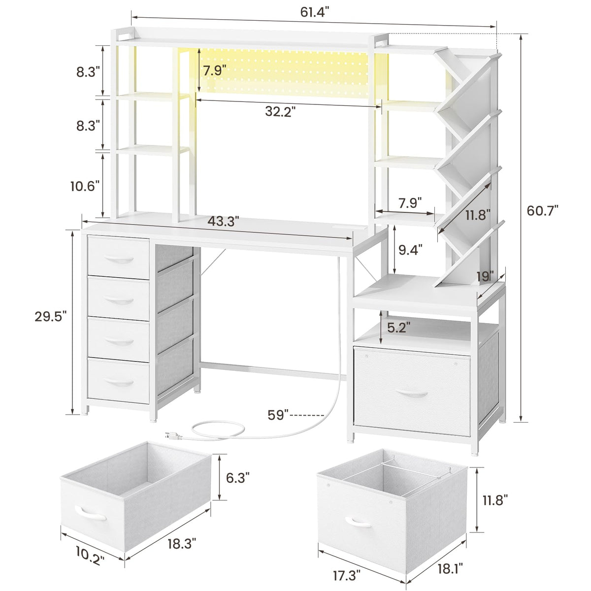 61.4" Computer Desk with Bookshelf, 5 Drawers, Hutch, Outlet, LED M511