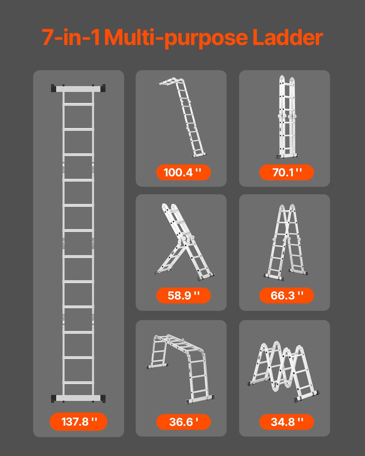 Multi-Purpose Folding Ladder, 7-in-1 Adjustable Telescoping Ladder, 330 lbs Capacity E8237