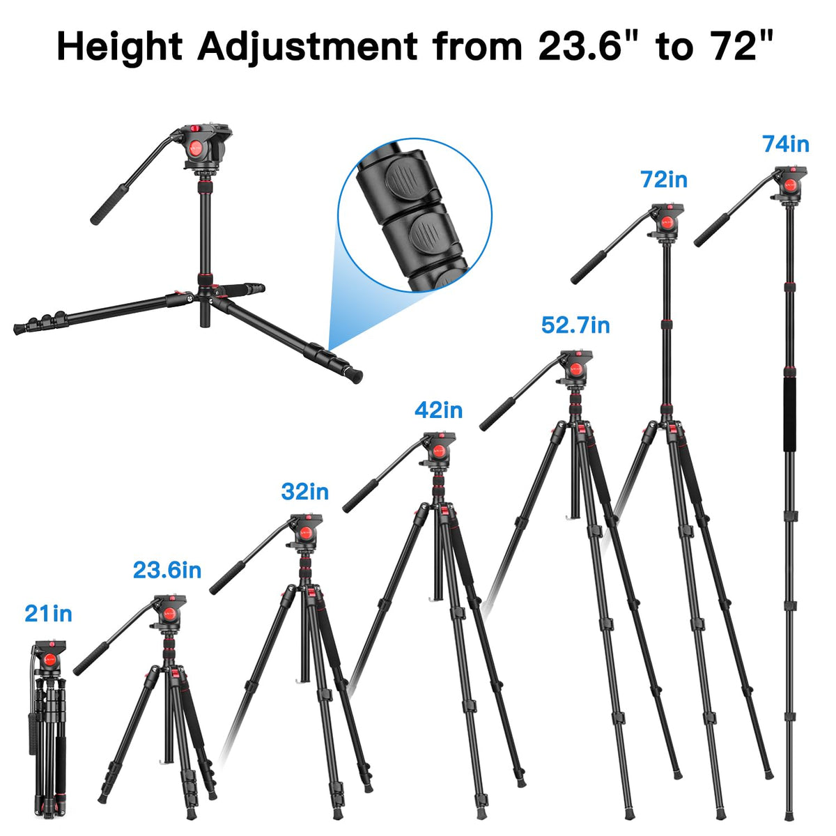 72" Heavy Duty Fluid Head Camera Tripod with Carry Bag W328