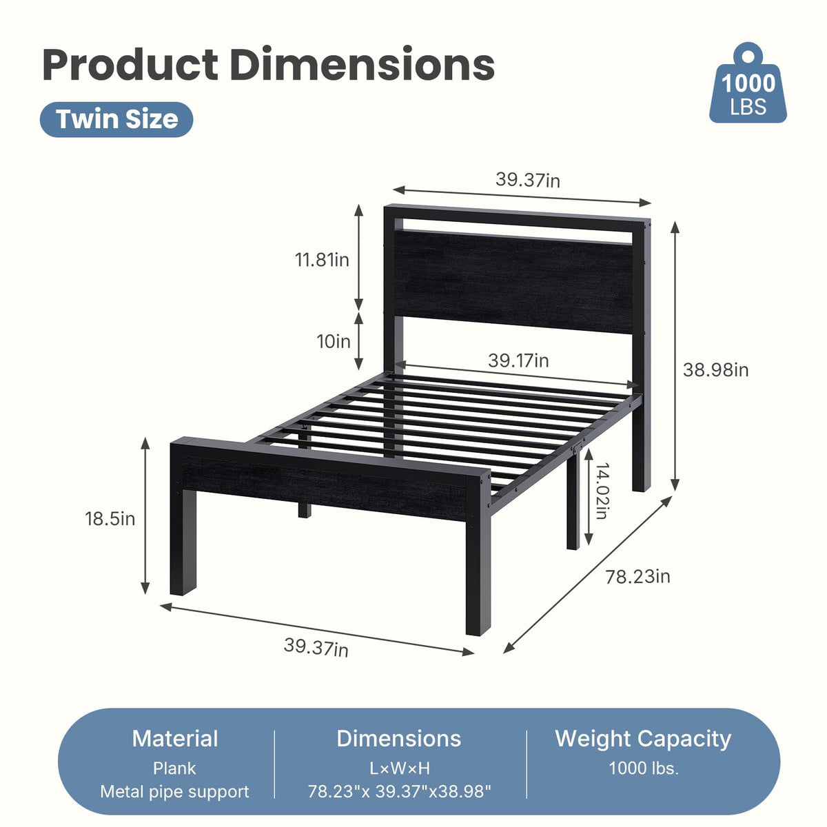 14 Inch Twin Size Metal Bed Frame with Wood Headboard J639270