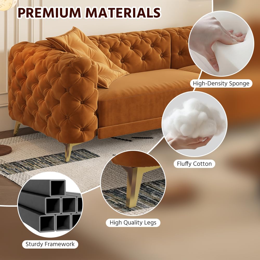 Orange Velvet Convertible Sleeper Sofa with Ottoman E925543