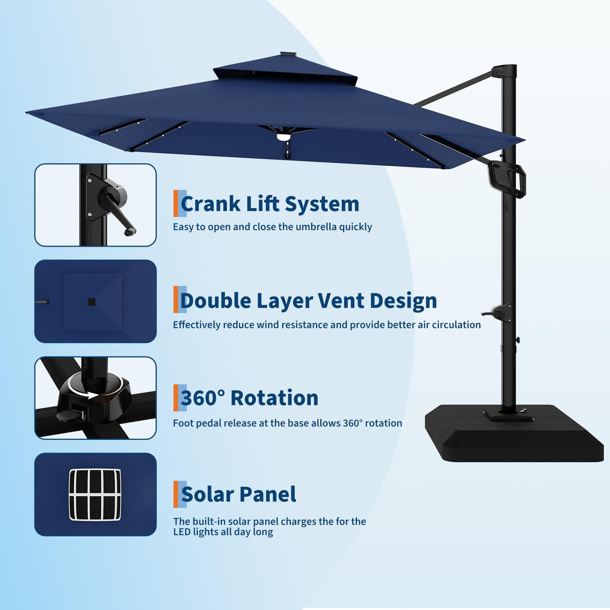 10 ft Navy Blue Solar Cantilever Patio Umbrella with Base B800612