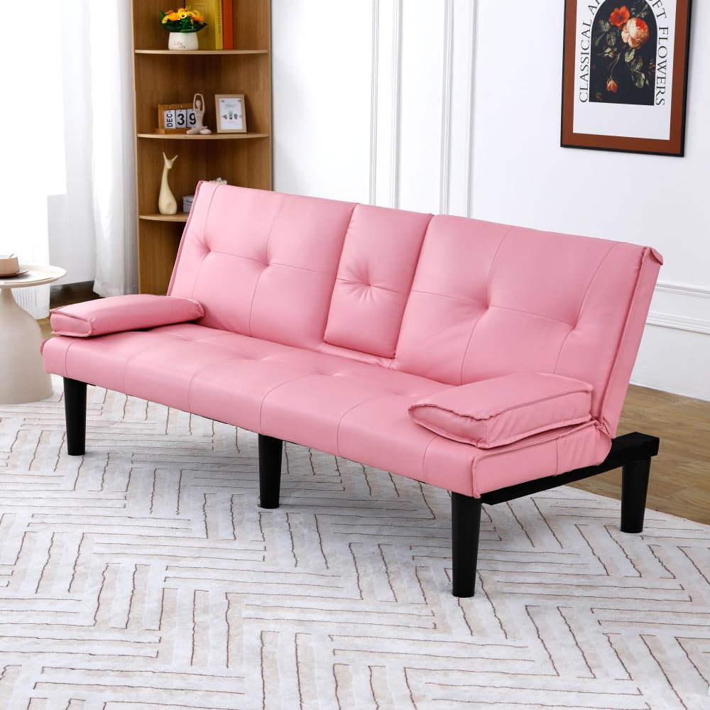Pink 67-Inch PVC Convertible Sofa Bed Z5380