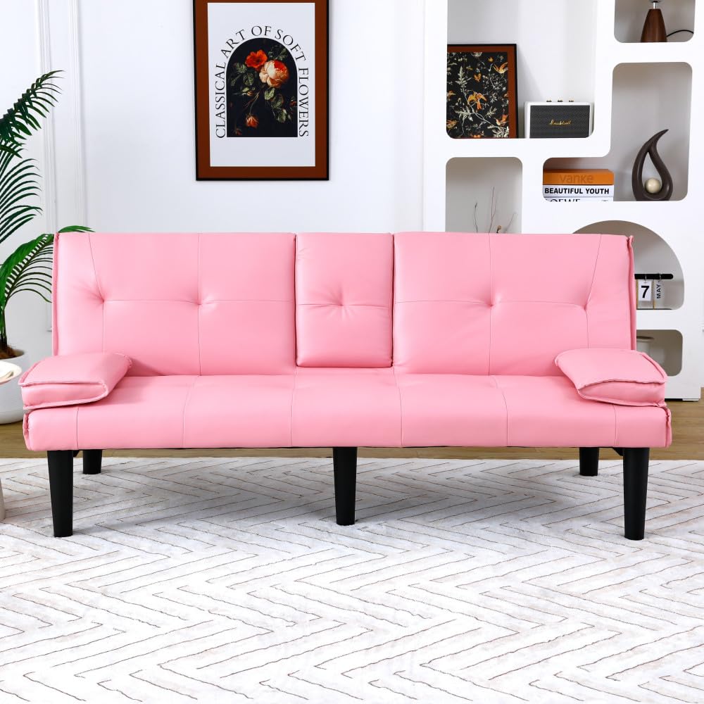 Pink 67-Inch PVC Convertible Sofa Bed Z5380