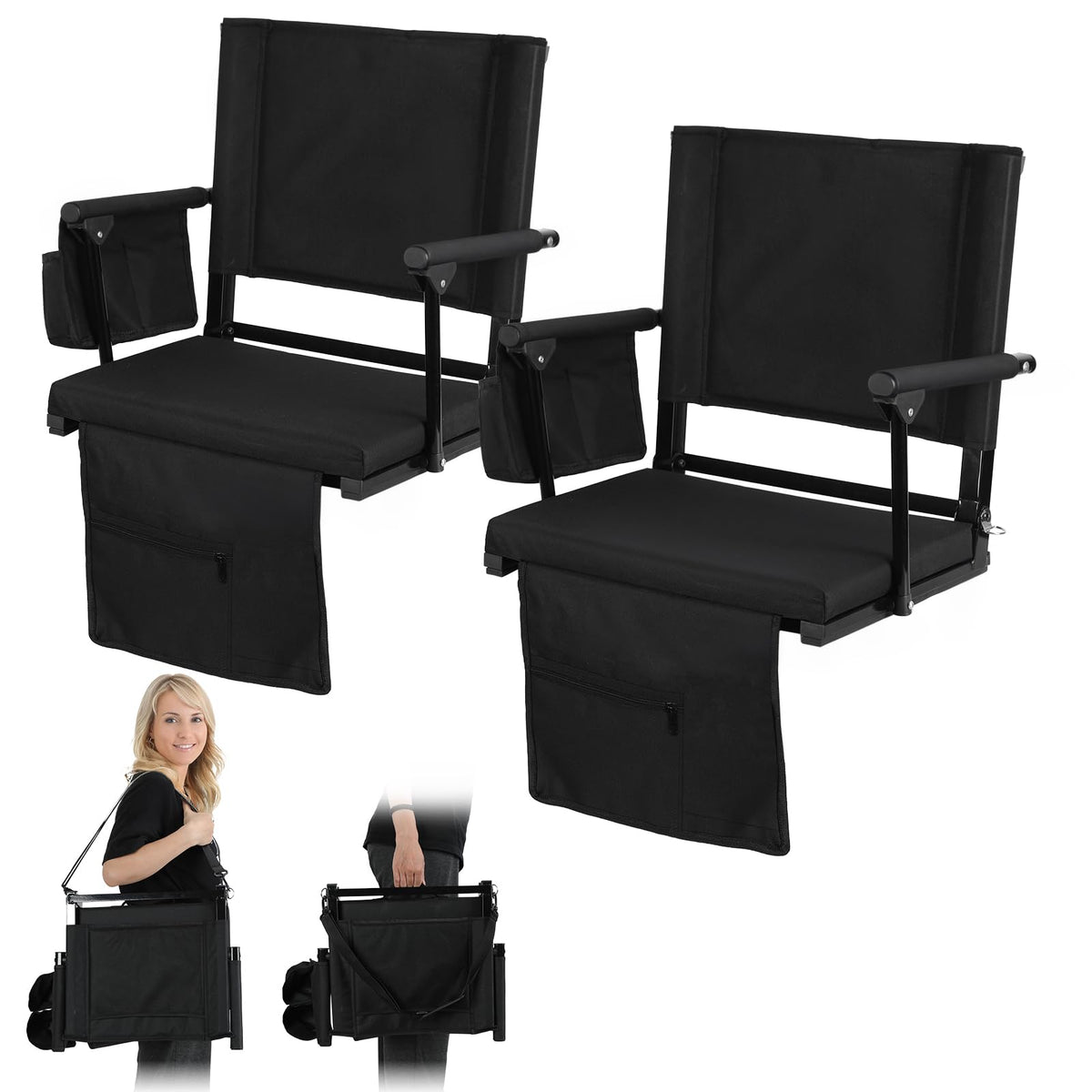 2 Pcs Folding Stadium Seat with Back Support and Cushion W6678