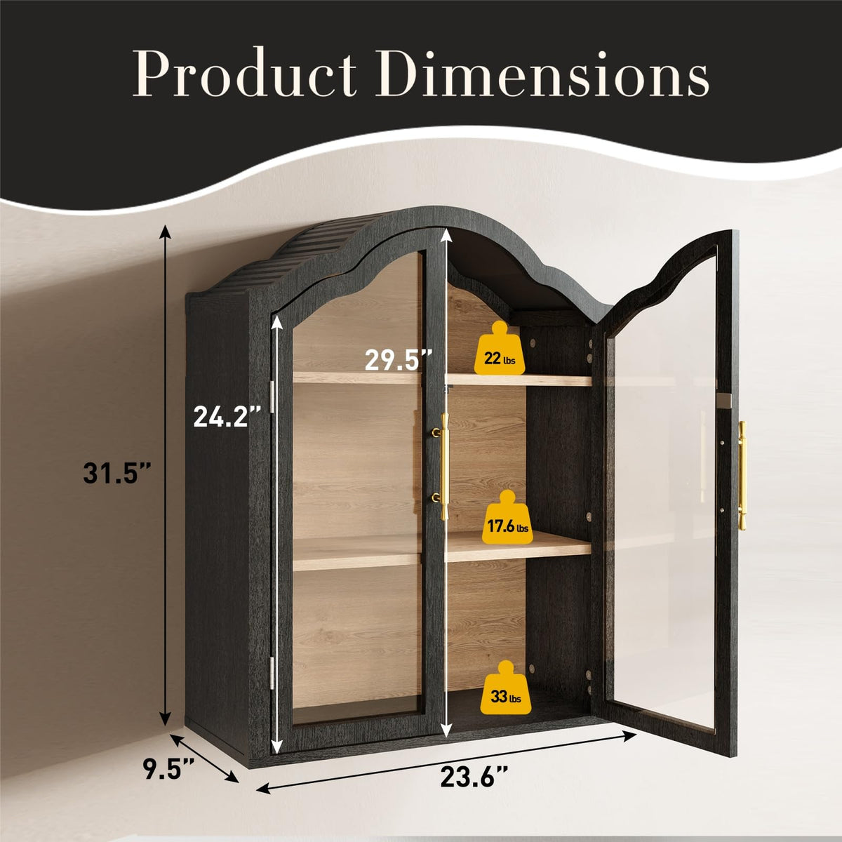 Black 31.5×23.6 Inch Wall Mounted Cabinet with Tempered Glass Doors W464