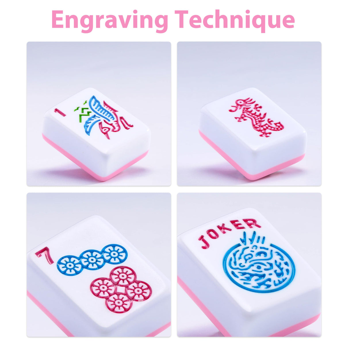 American Mahjong Set with Light Blue Carrying Bag, 166 Pink Engraved Melamine Tiles, 4 Transparent Racks with Pushers I394533