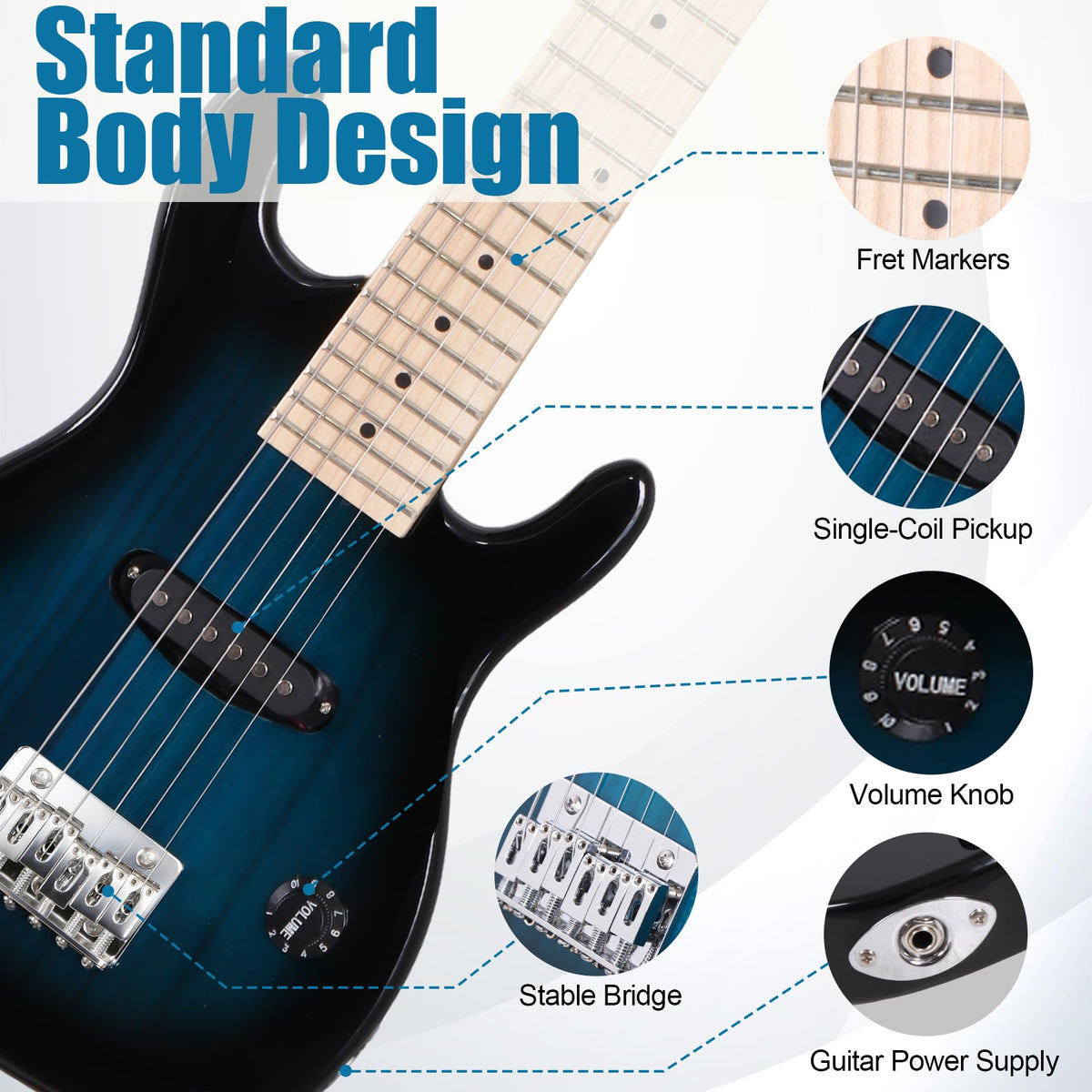 30 inch Kids Electric Guitar with 5w Amp, Gig Bag, Strap, Cable, Strings and Picks, Blue G270