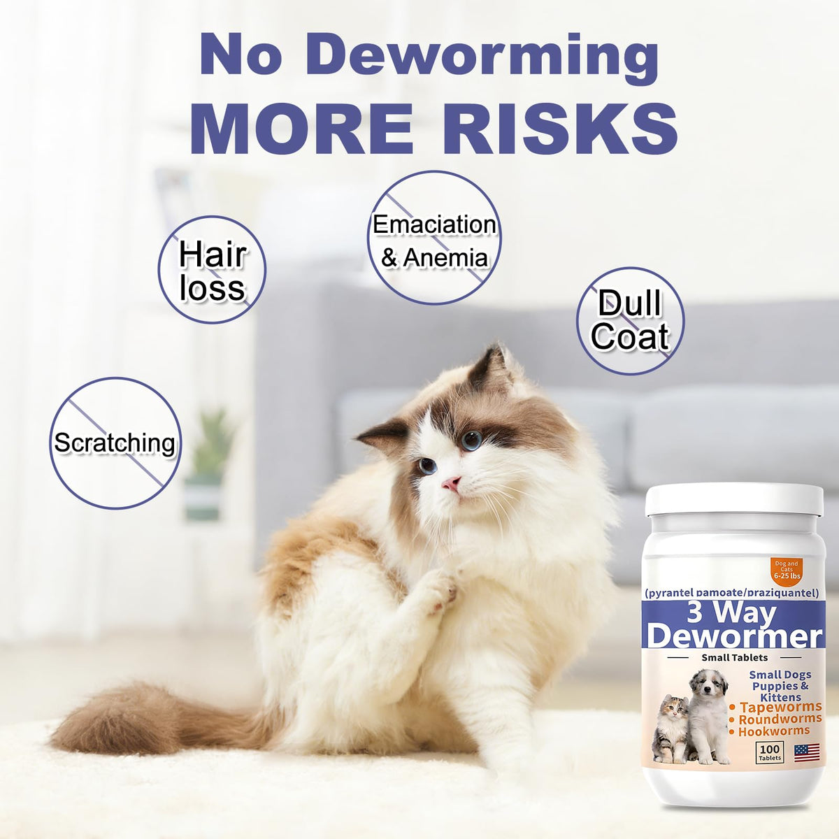 3-Way Dewormer for Small Dogs, Puppies & Kittens, 100 Tablets B9880