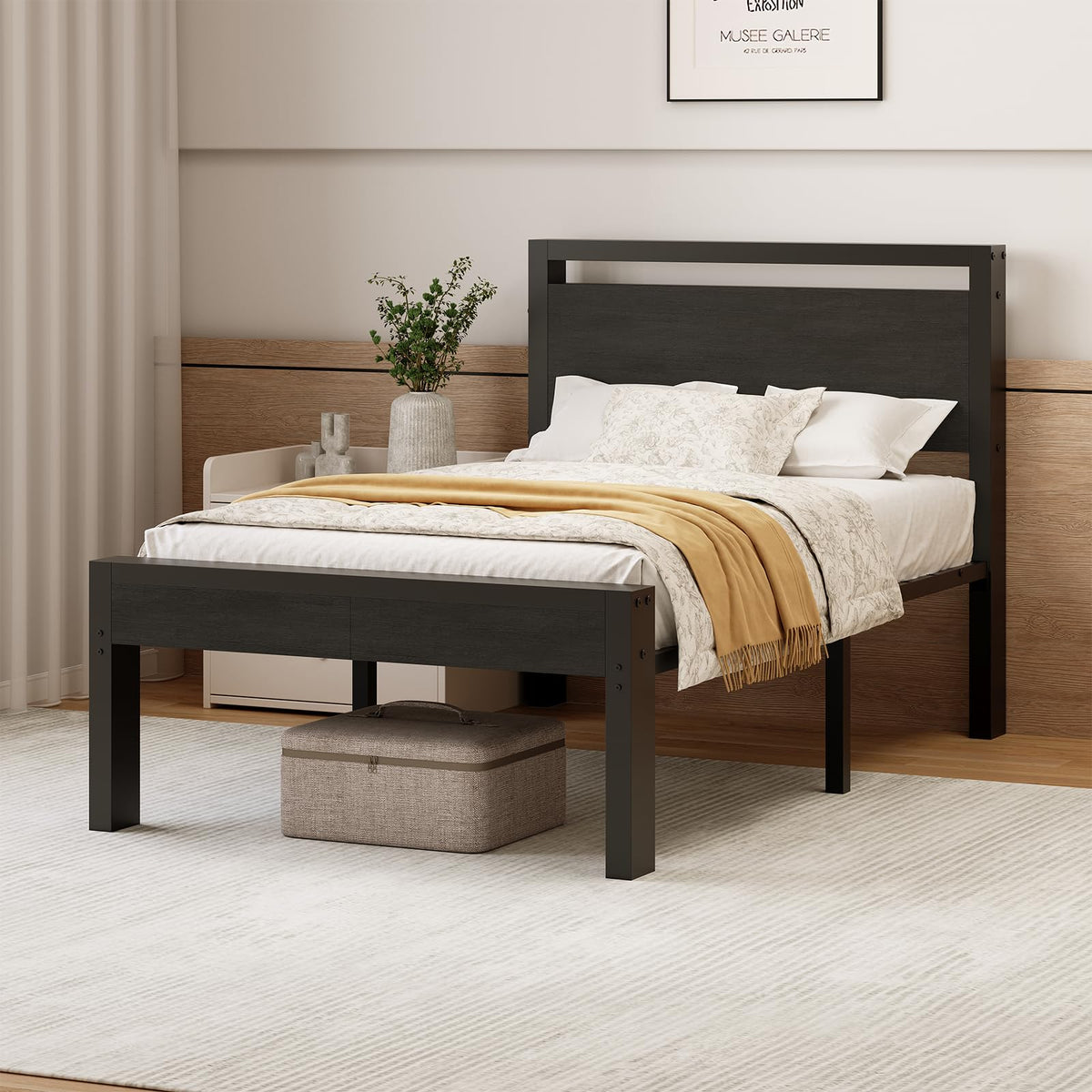14 Inch Twin Size Metal Bed Frame with Wood Headboard J639270