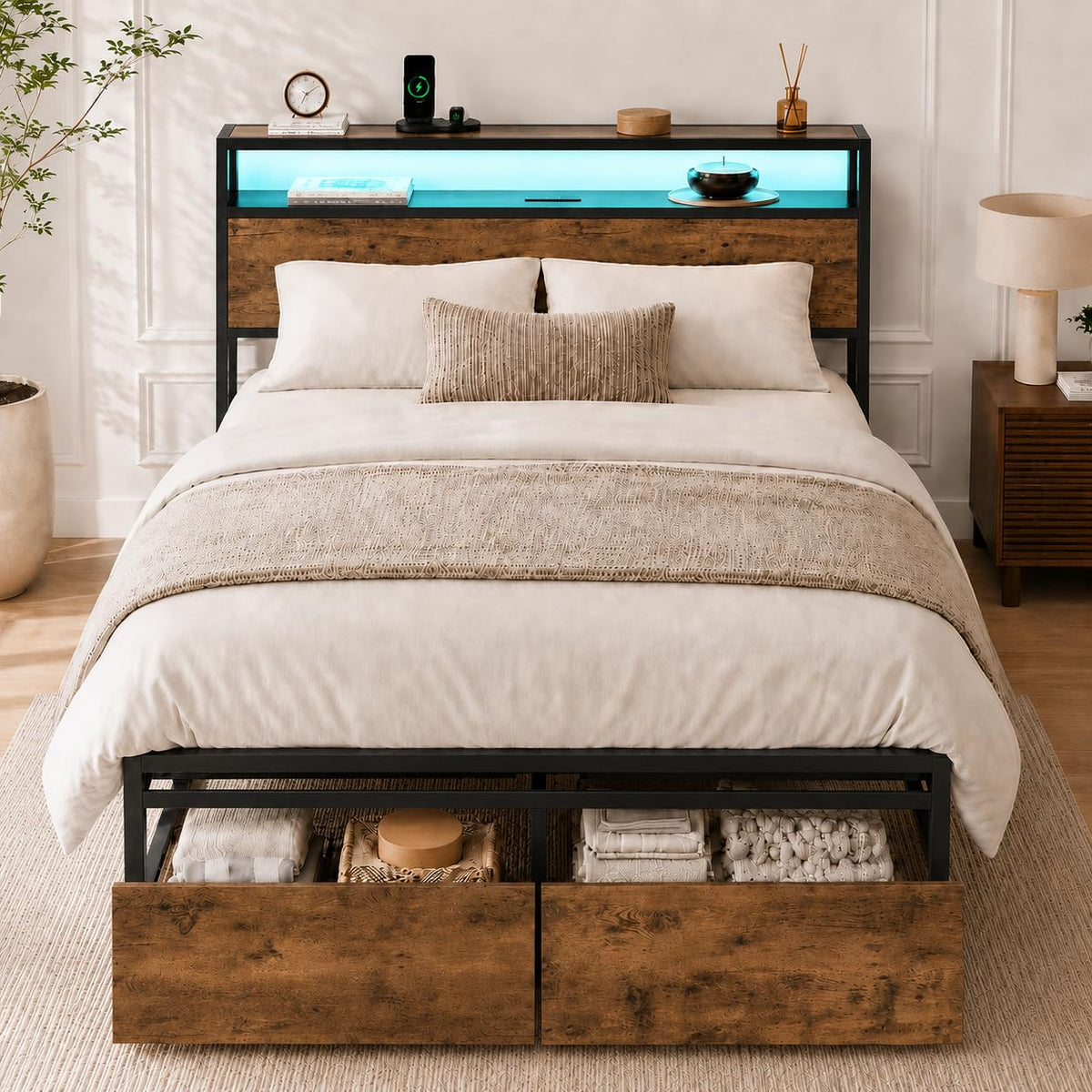 Full Size Bed Frame with Storage Drawers, Headboard, LED Light, Charging Station W771584