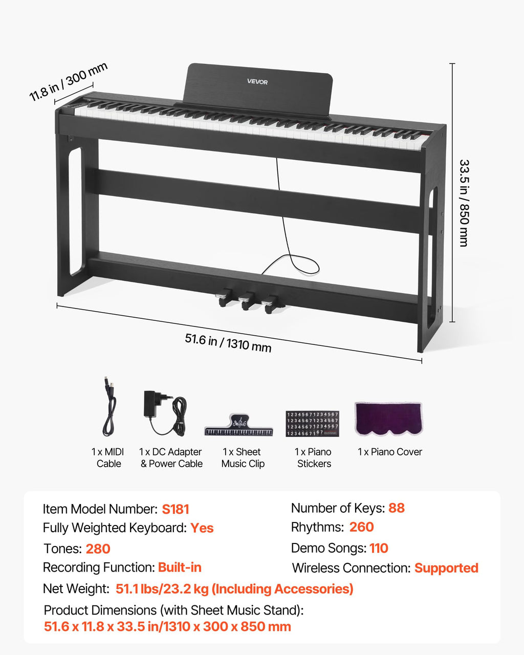 88 Keys Weighted Digital Piano with Furniture Stand and Triple Pedal, Black K193730