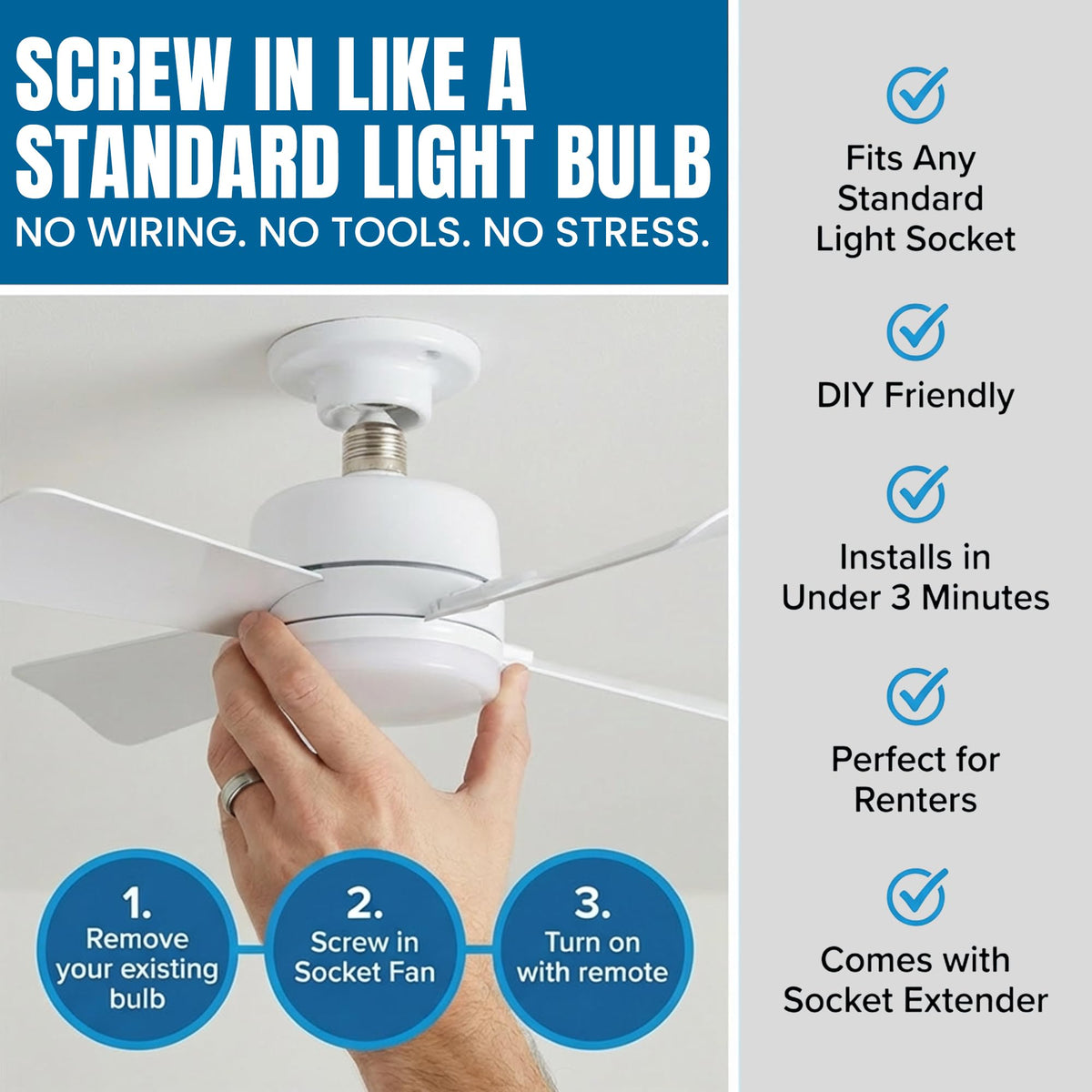 15.4" Socket Fan Light Ceiling Fan with Remote Control Q832264