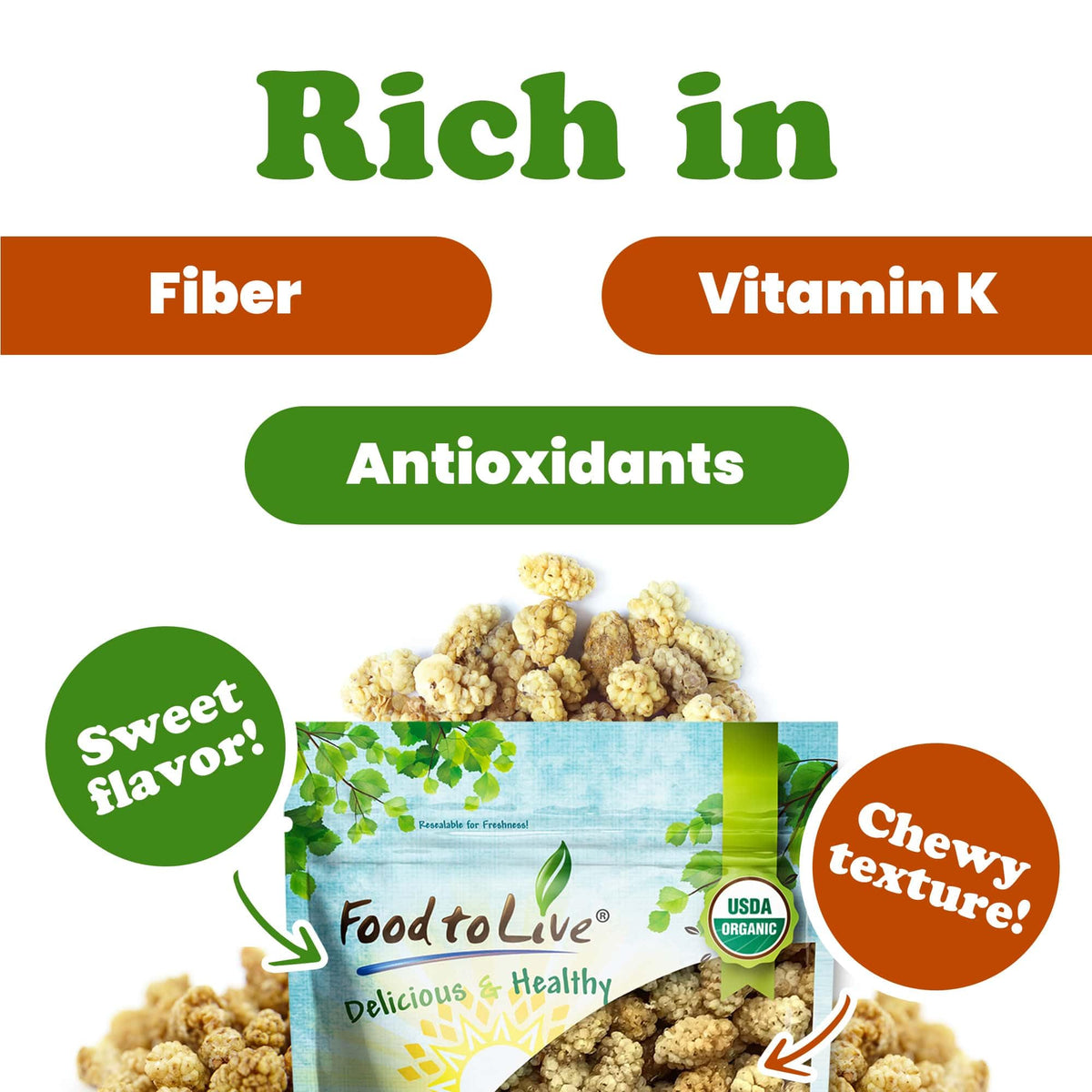 Organic Dried White Mulberries 8 Ounces O66139