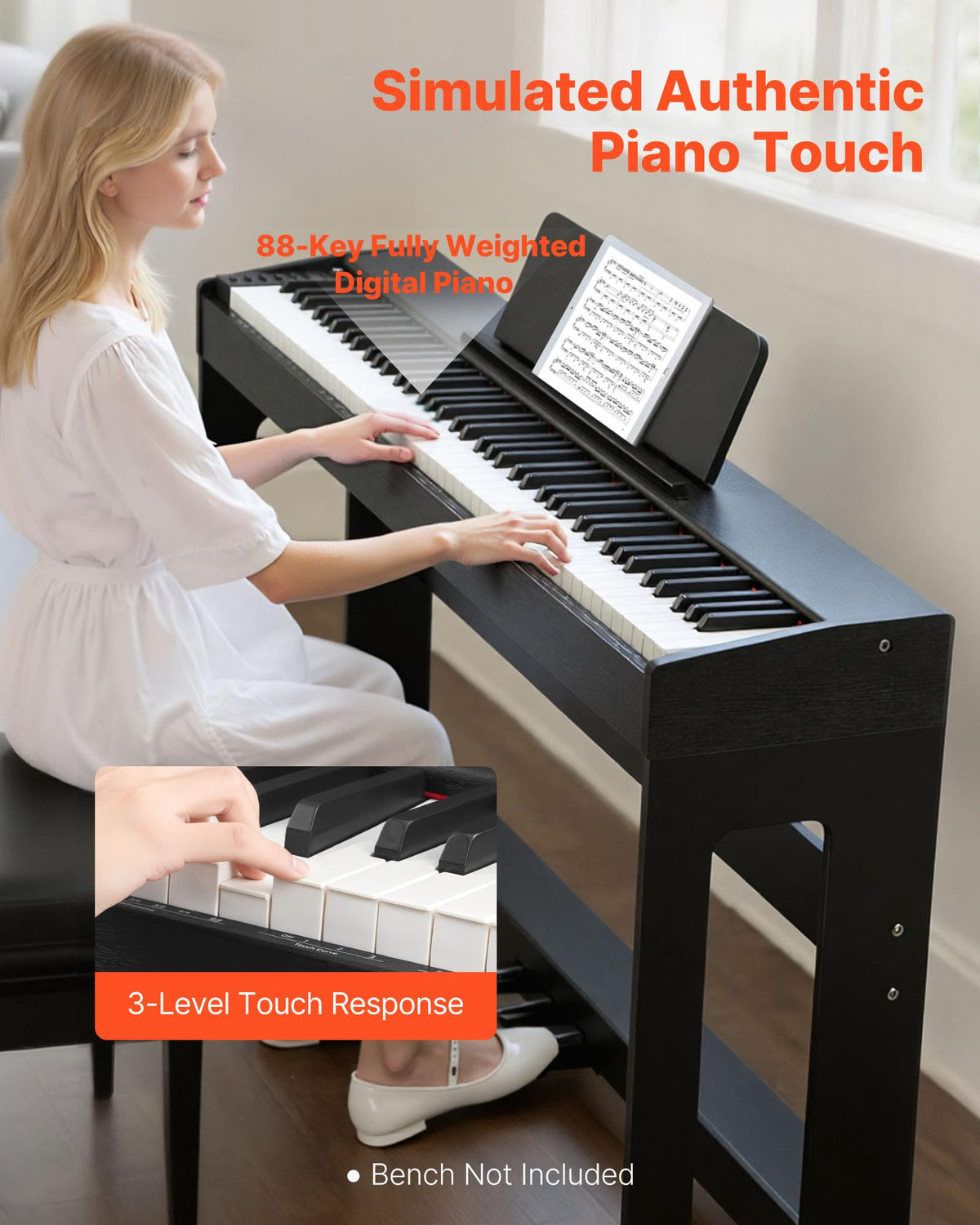 88 Keys Weighted Digital Piano with Furniture Stand and Triple Pedal, Black K193730