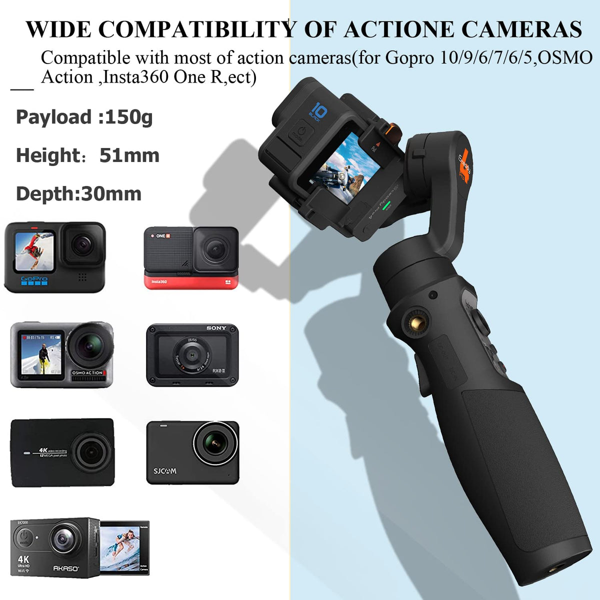 Action Camera Gimbal Stabilizer 3-Axis Bluetooth Cable Control IPX4 R803818