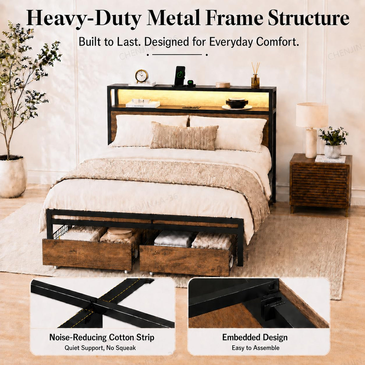 Full Size Bed Frame with Storage Drawers, Headboard, LED Light, Charging Station W771584