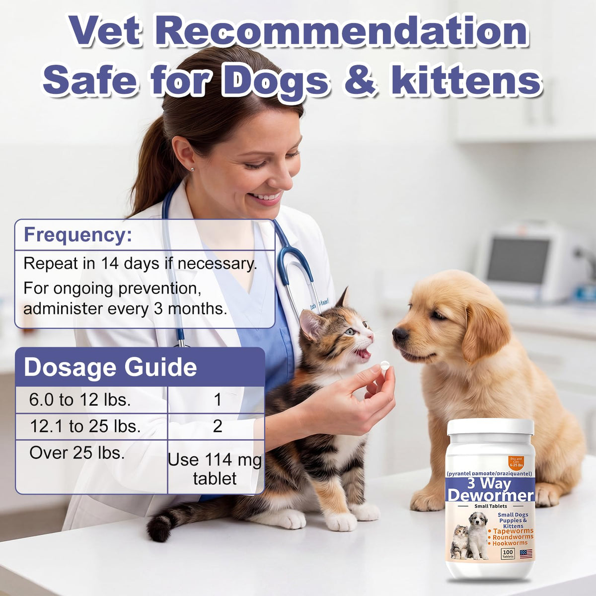 3-Way Dewormer for Small Dogs, Puppies & Kittens, 100 Tablets B9880