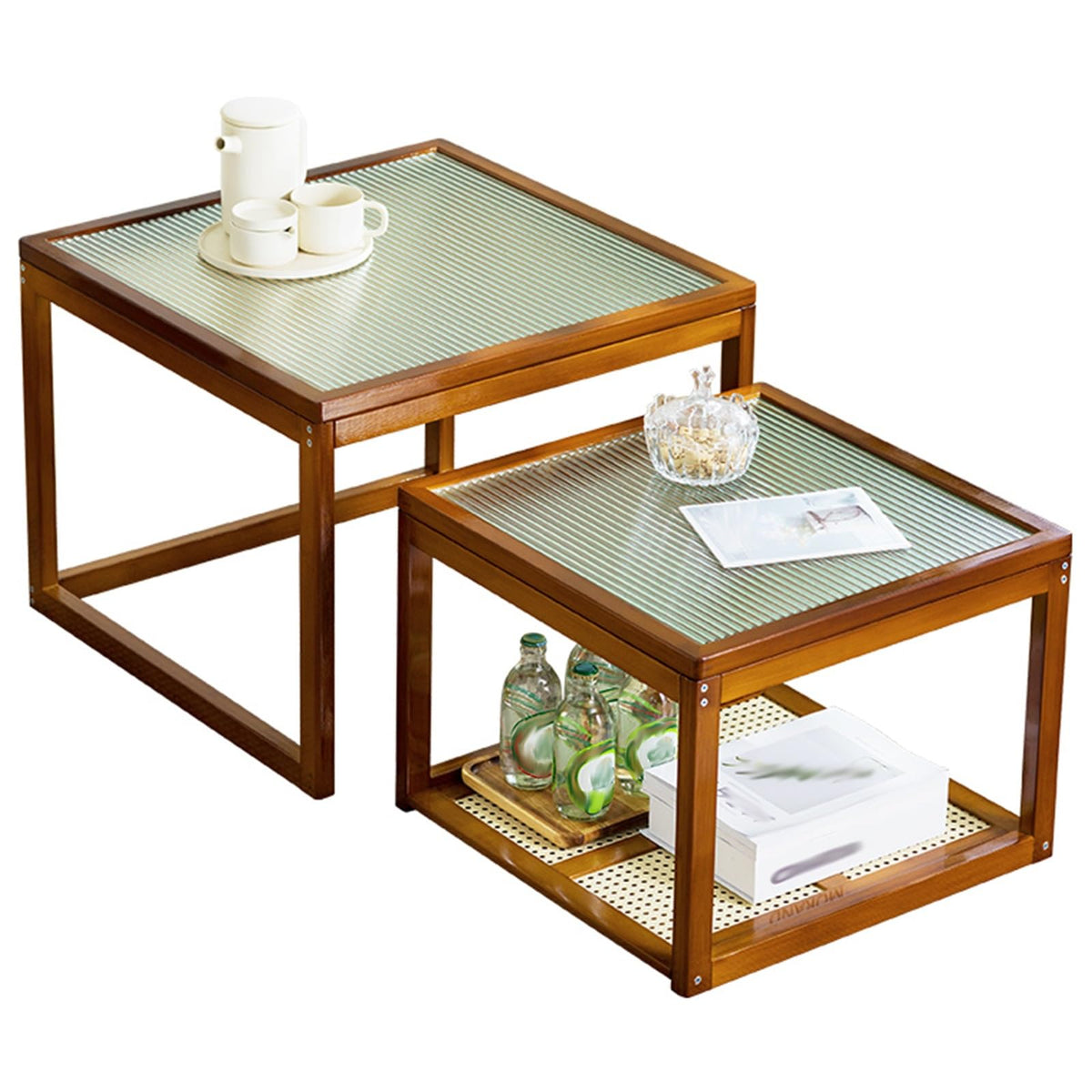 Brown Square Nesting Coffee Table Set of 2 with Tempered Glass and Bamboo P497