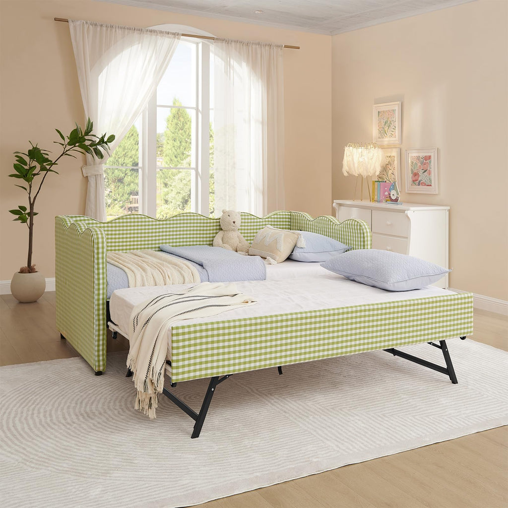 81-inch Twin to King Size Gingham Linen Upholstered Daybed with USB Charging Ports W526