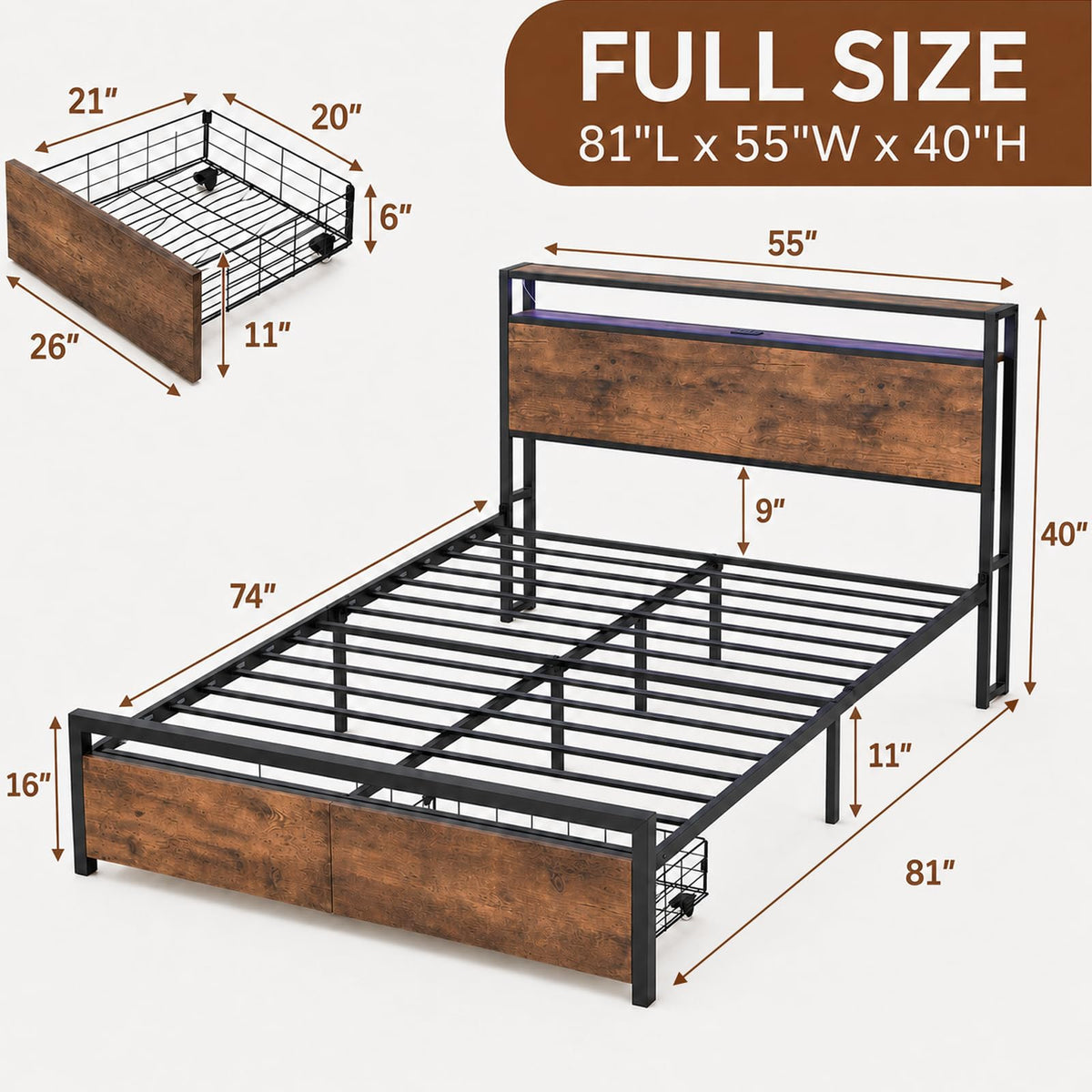 Full Size Bed Frame with Storage Drawers, Headboard, LED Light, Charging Station W771584