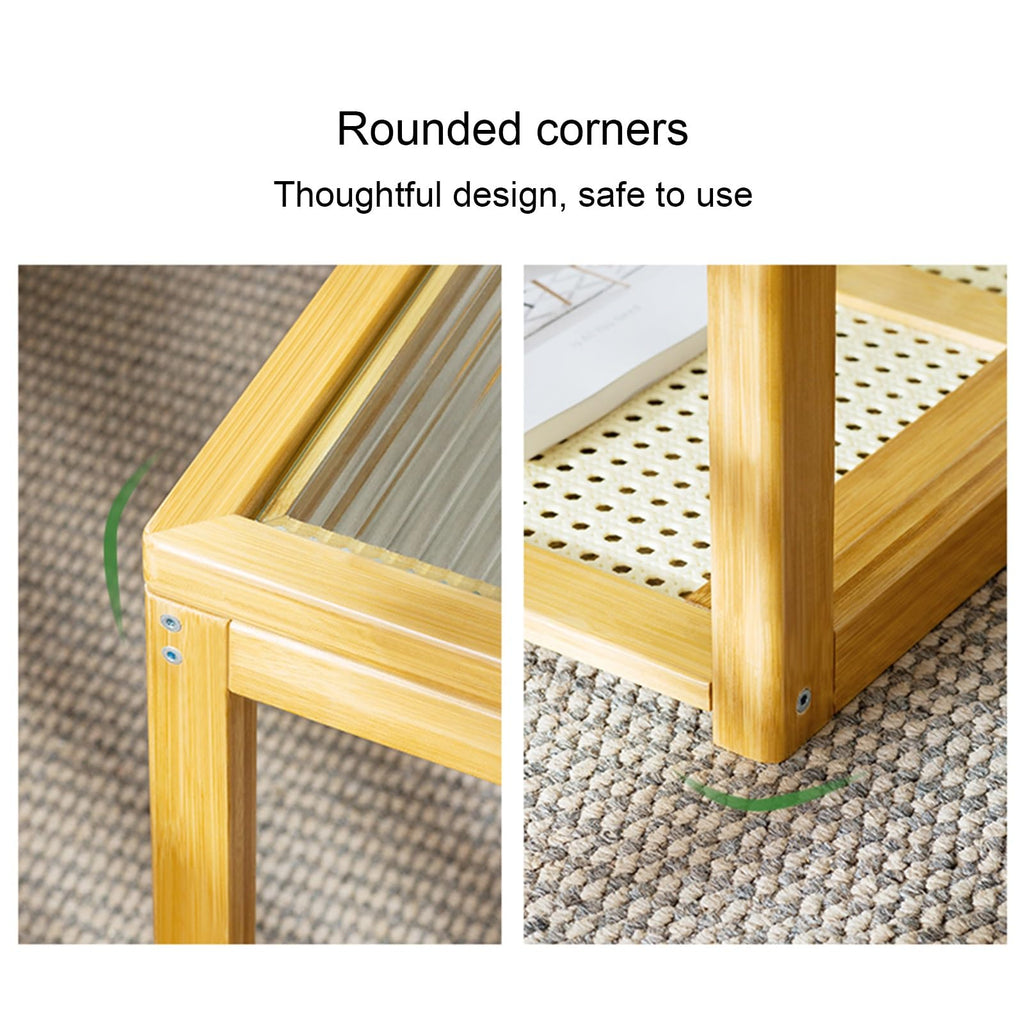 Brown Square Nesting Coffee Table Set of 2 with Tempered Glass and Bamboo P497