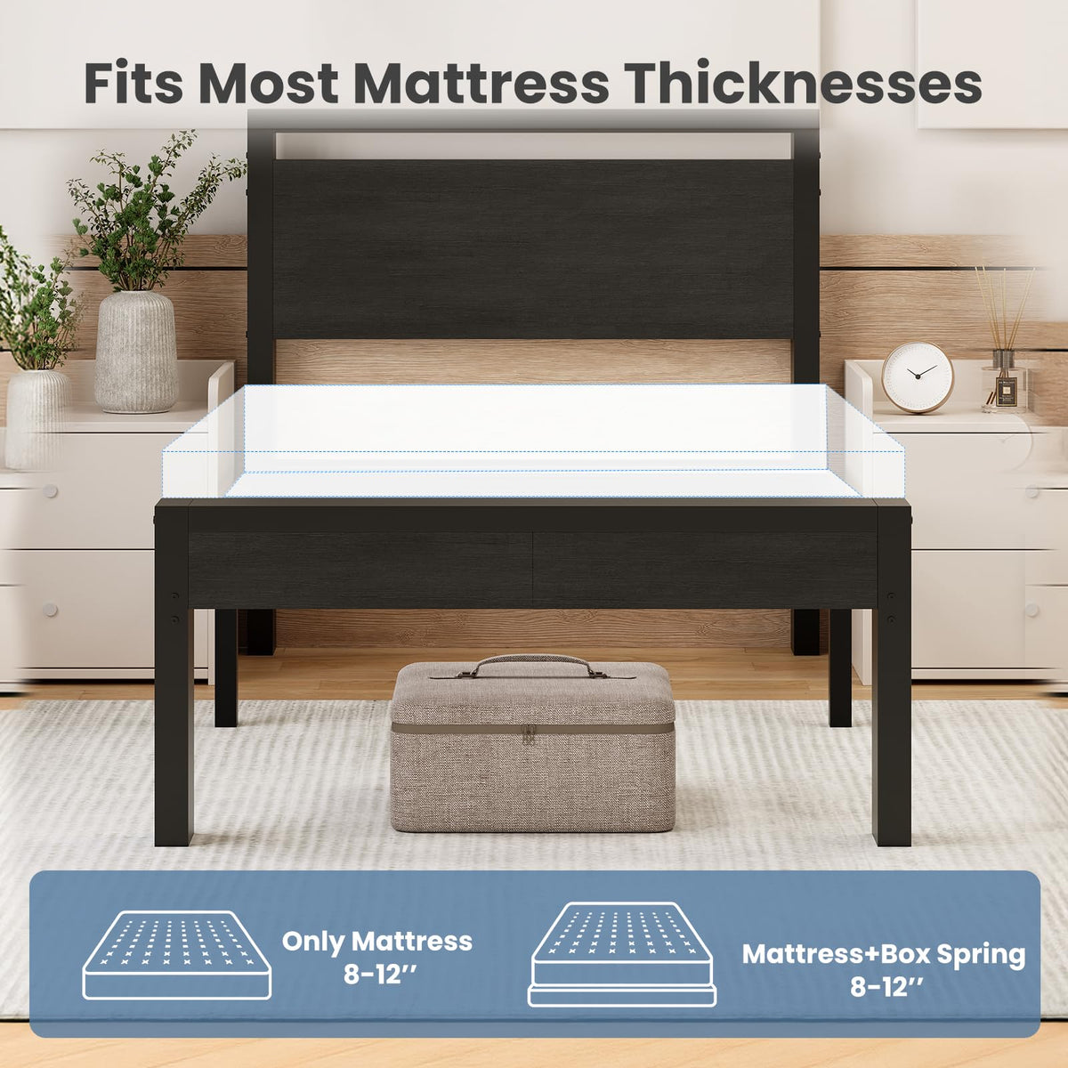 14 Inch Twin Size Metal Bed Frame with Wood Headboard J639270