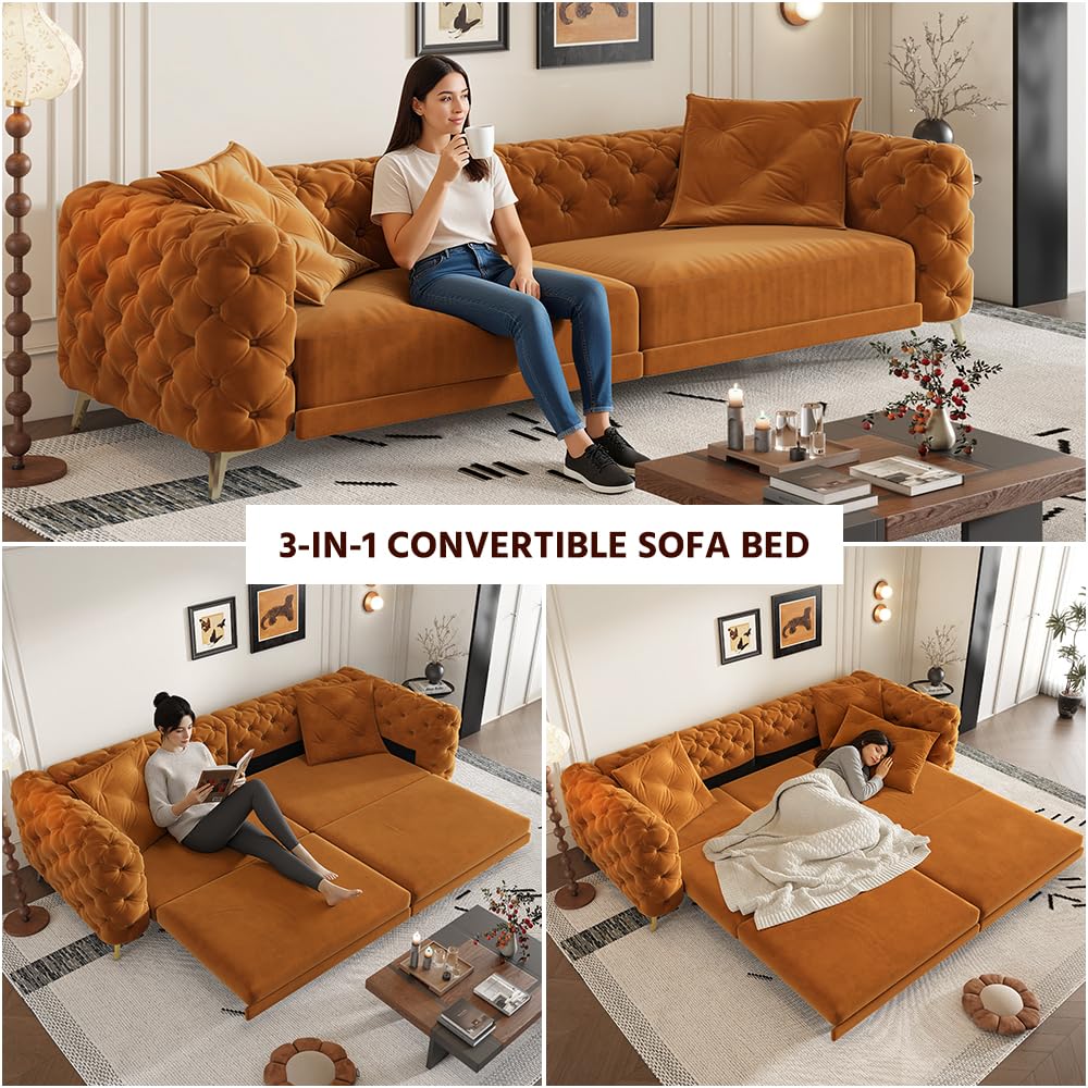 Orange Velvet Convertible Sleeper Sofa with Ottoman E925543
