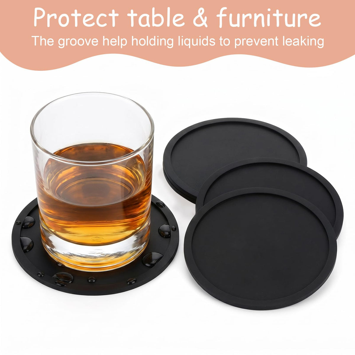 Black Set of 4 Round Silicone Coasters I855381