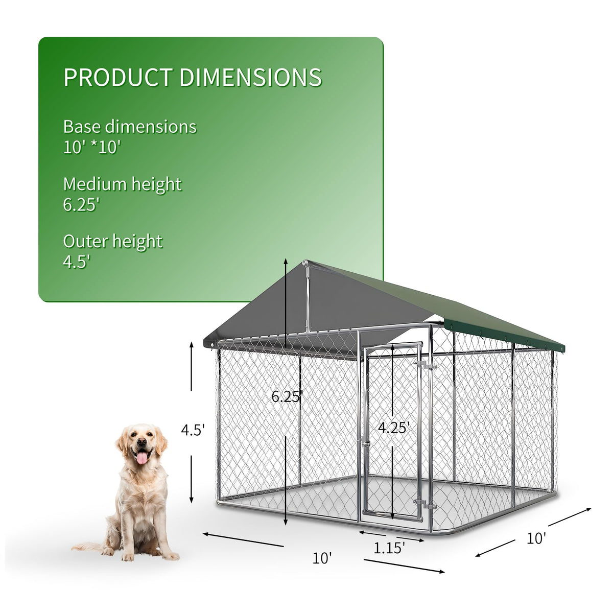 Large Outdoor Dog Kennel with Roof, Heavy Duty Galvanized Steel, 10'x10' Lockable B306783