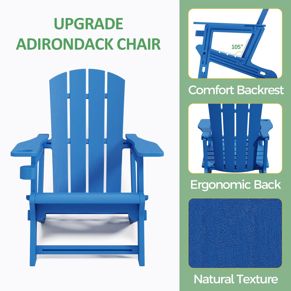 Klein Blue Plastic Adirondack Chairs Set of 2 with Cup Holder M45370