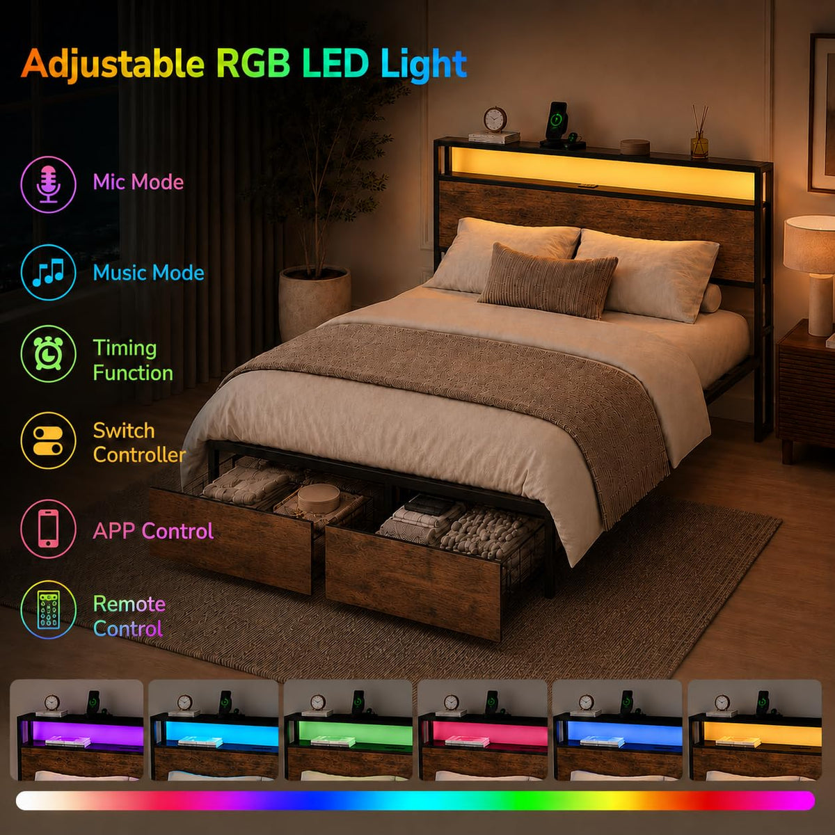 Full Size Bed Frame with Storage Drawers, Headboard, LED Light, Charging Station W771584