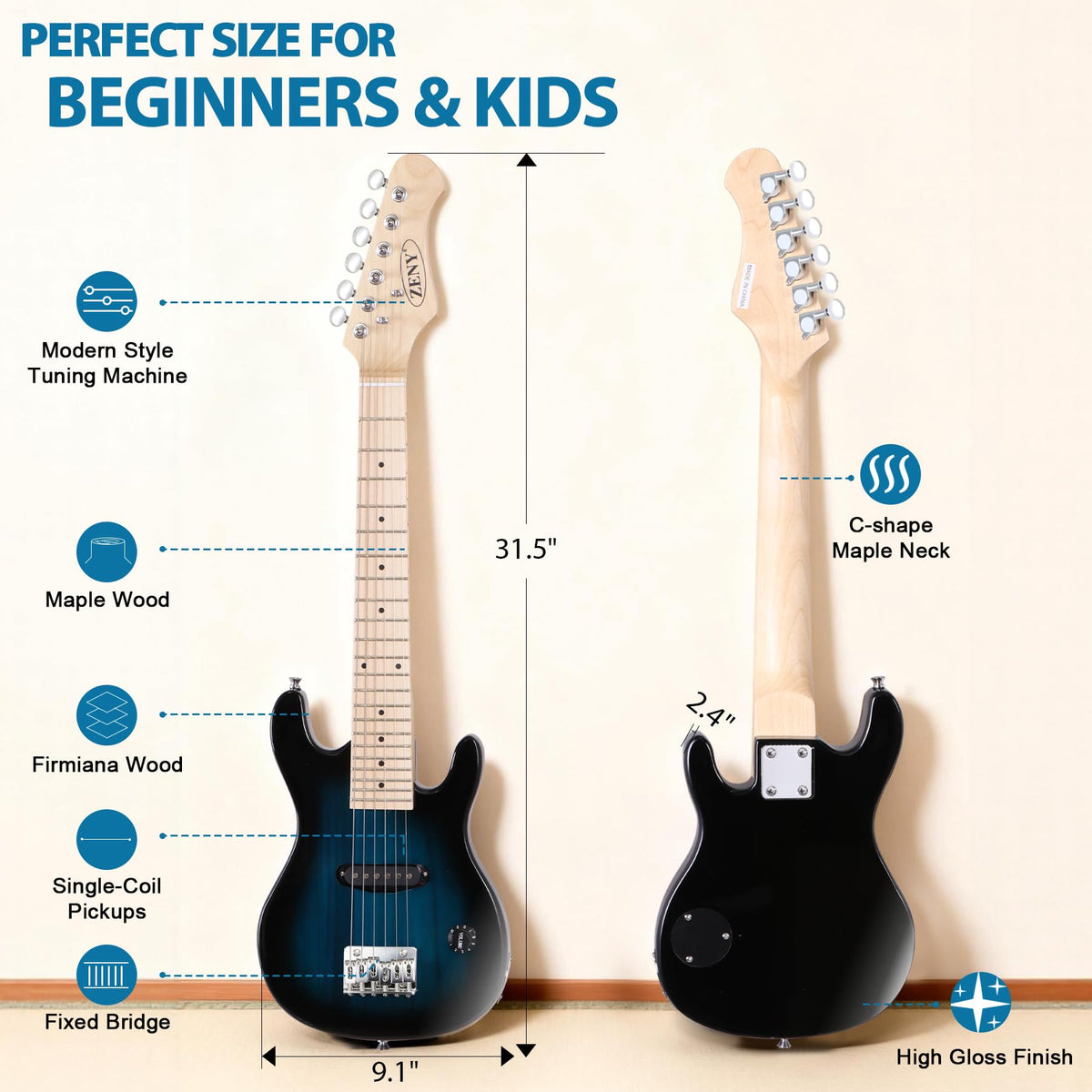 30 inch Kids Electric Guitar with 5w Amp, Gig Bag, Strap, Cable, Strings and Picks, Blue G270