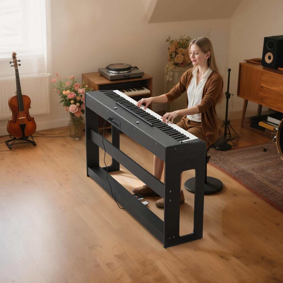 88 Keys Weighted Digital Piano with Furniture Stand and Triple Pedal, Black K193730