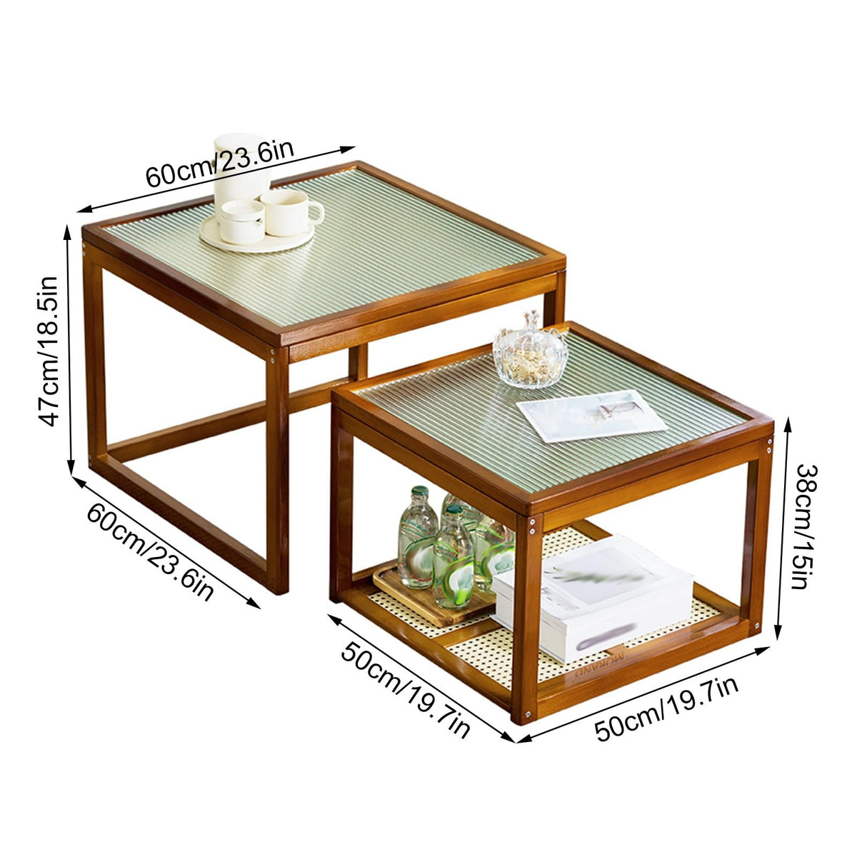 Brown Square Nesting Coffee Table Set of 2 with Tempered Glass and Bamboo P497