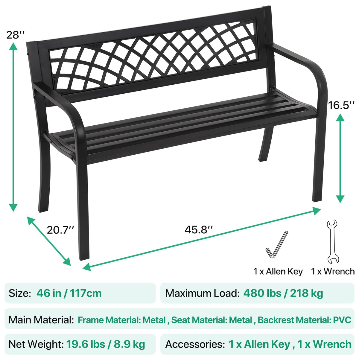 Black Metal Outdoor Bench with Armrests U6773