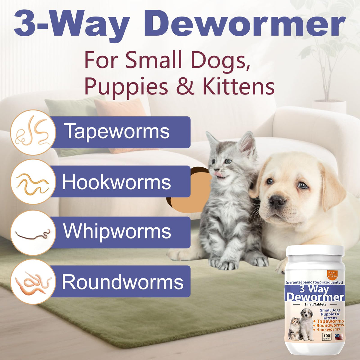 3-Way Dewormer for Small Dogs, Puppies & Kittens, 100 Tablets B9880