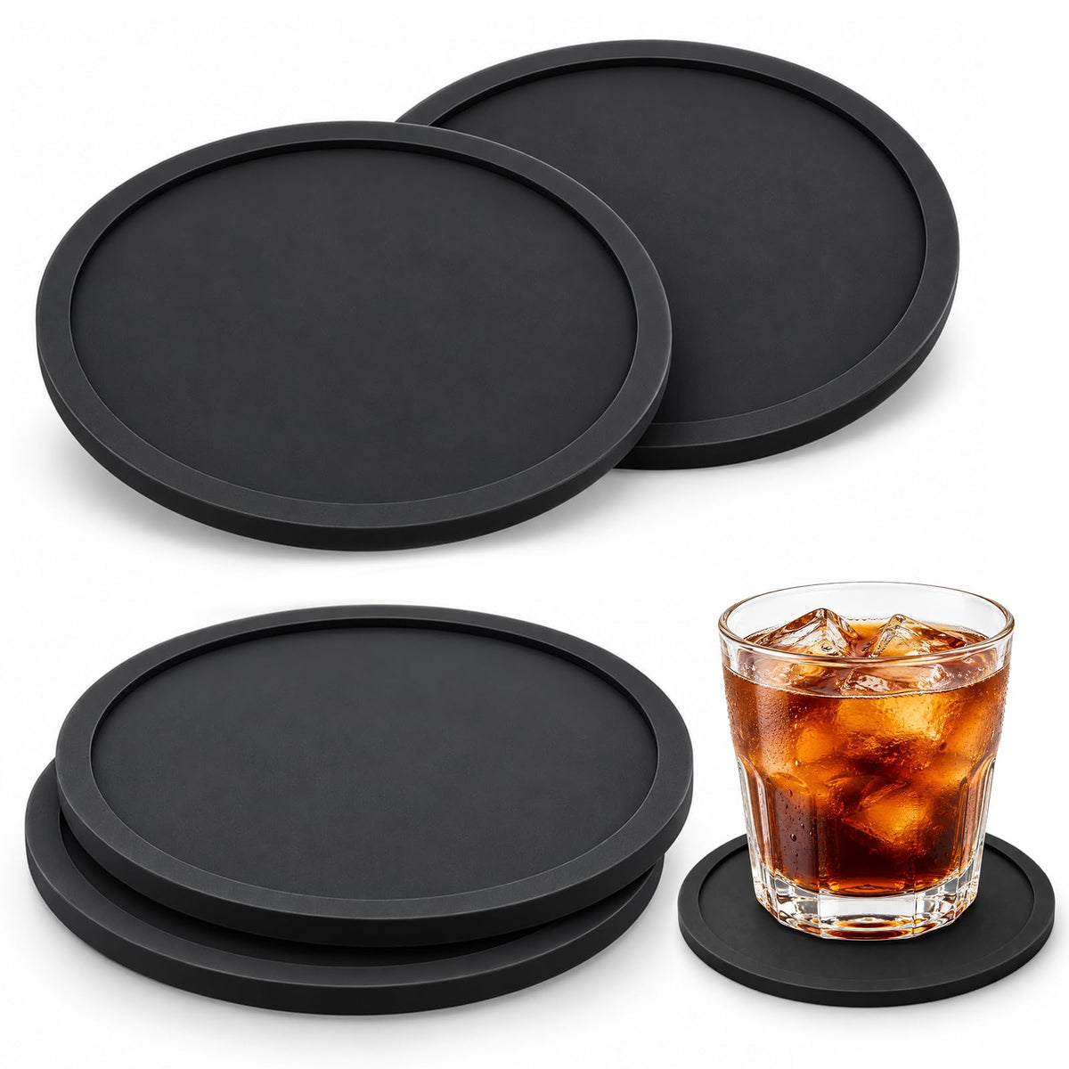 Black Set of 4 Round Silicone Coasters I855381