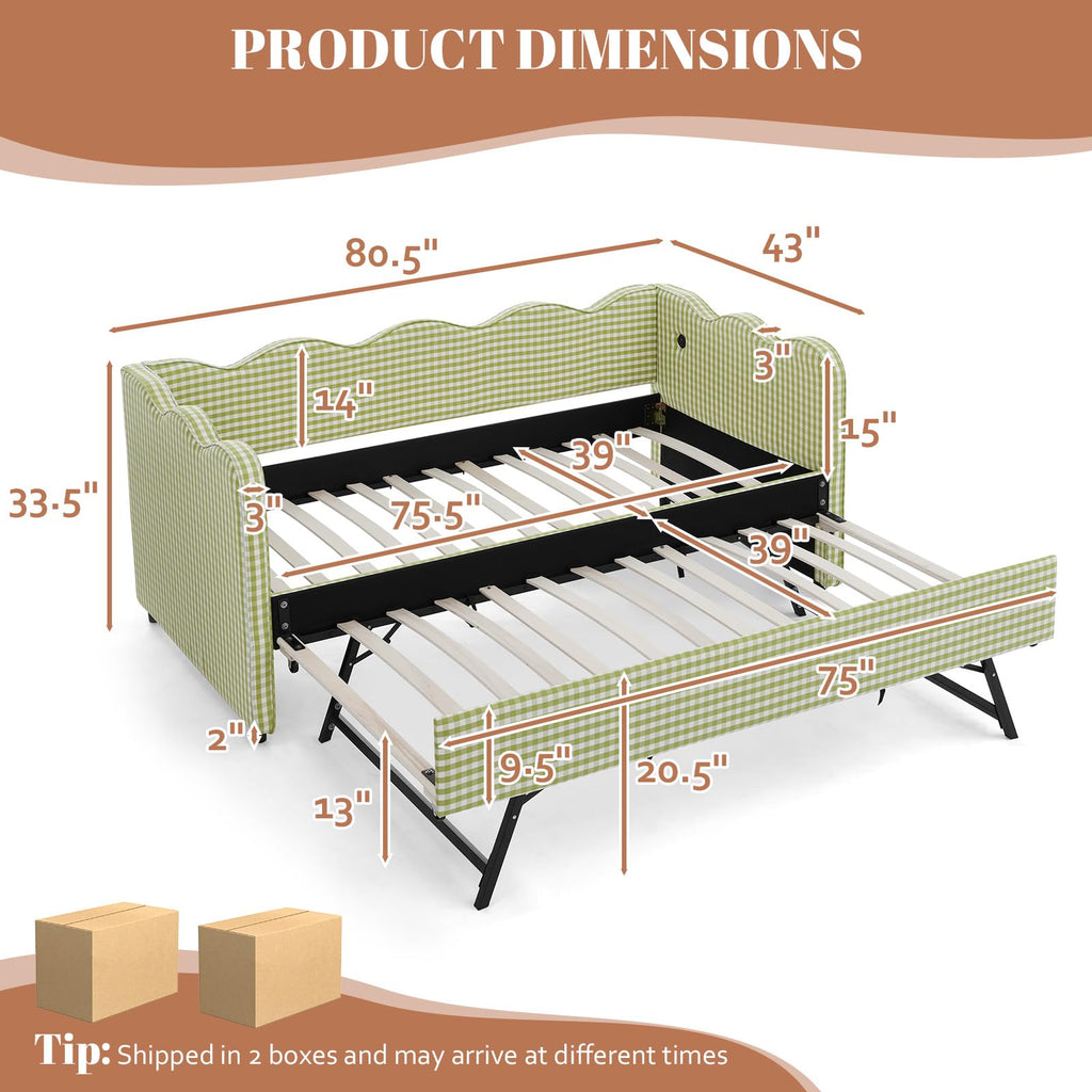 81-inch Twin to King Size Gingham Linen Upholstered Daybed with USB Charging Ports W526