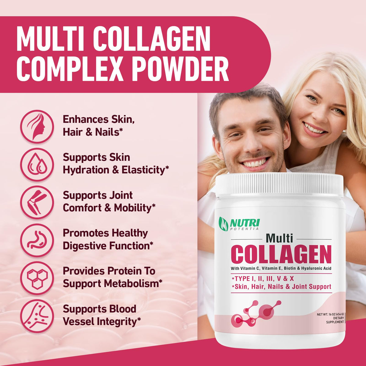 Multi Collagen Peptides Powder with Vitamin C, E & Hyaluronic Acid, Unflavored, 45 Servings V1934