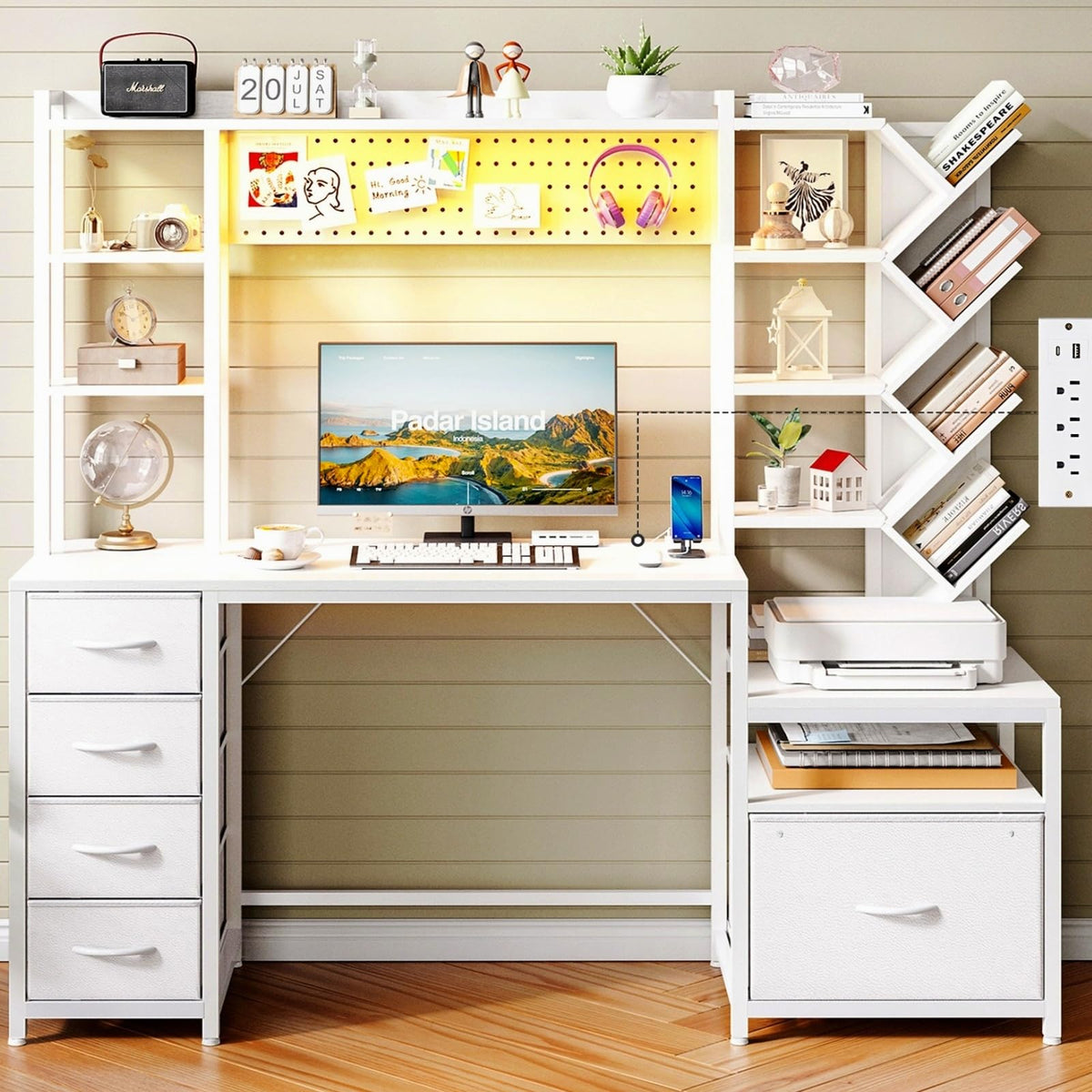 61.4" Computer Desk with Bookshelf, 5 Drawers, Hutch, Outlet, LED M511