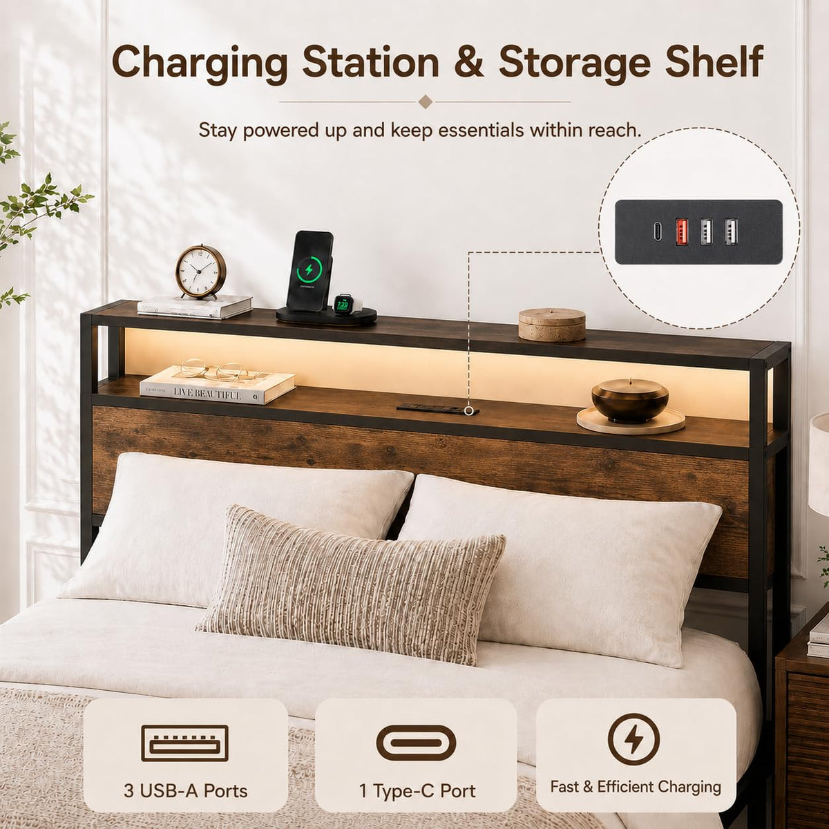 Full Size Bed Frame with Storage Drawers, Headboard, LED Light, Charging Station W771584