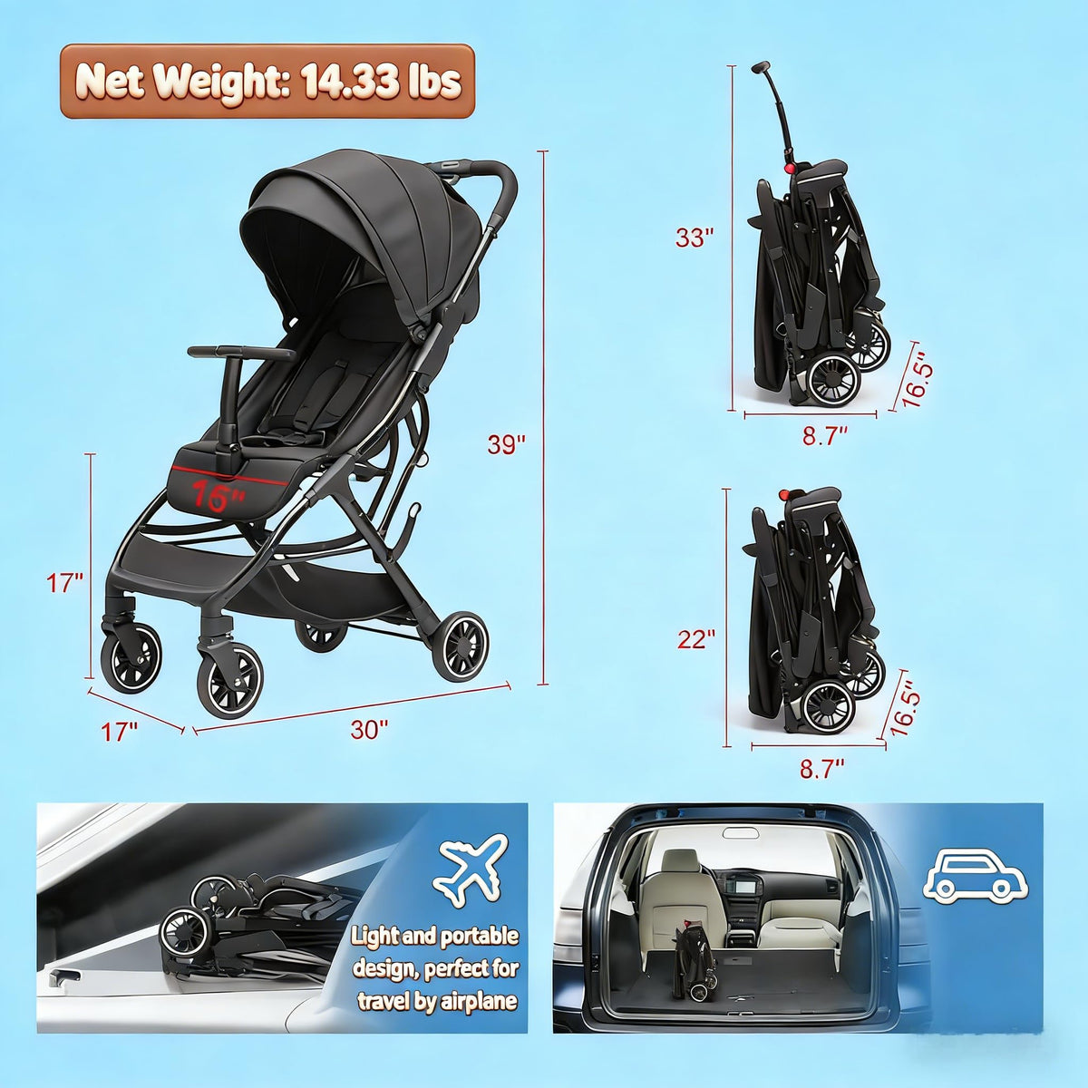 Portable Lightweight Umbrella Stroller with Sun Canopy M24030