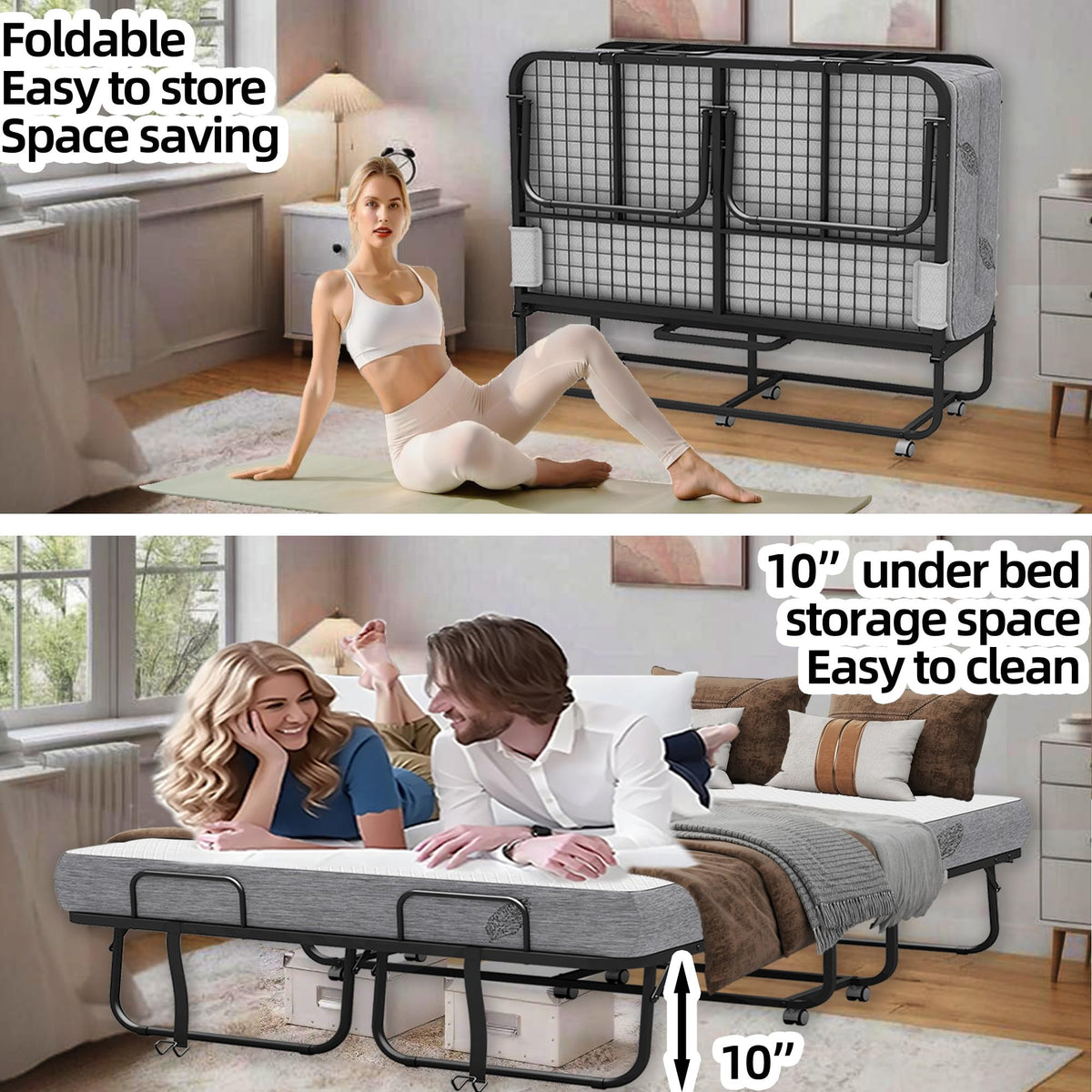 Folding Bed with Mattress Full Size 75 X 54 inch Memory Foam on Wheels V867065