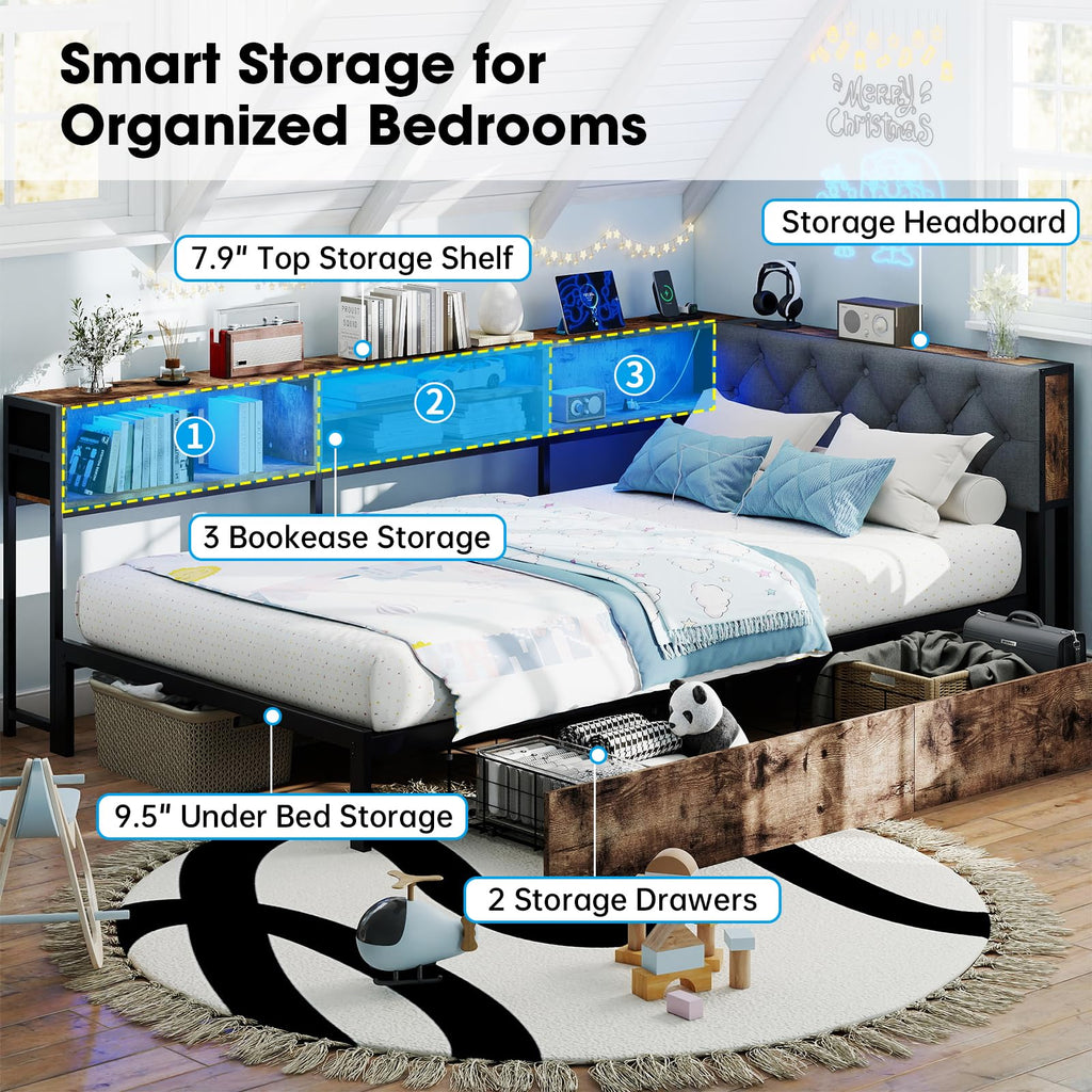 Twin Size Corner Bed Frame with Storage Bookcase Y9339