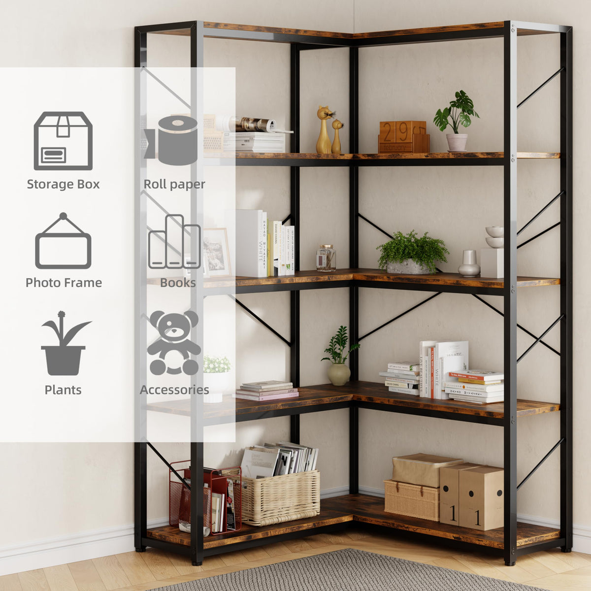 5 Tier L Shaped Corner Bookshelf X6537