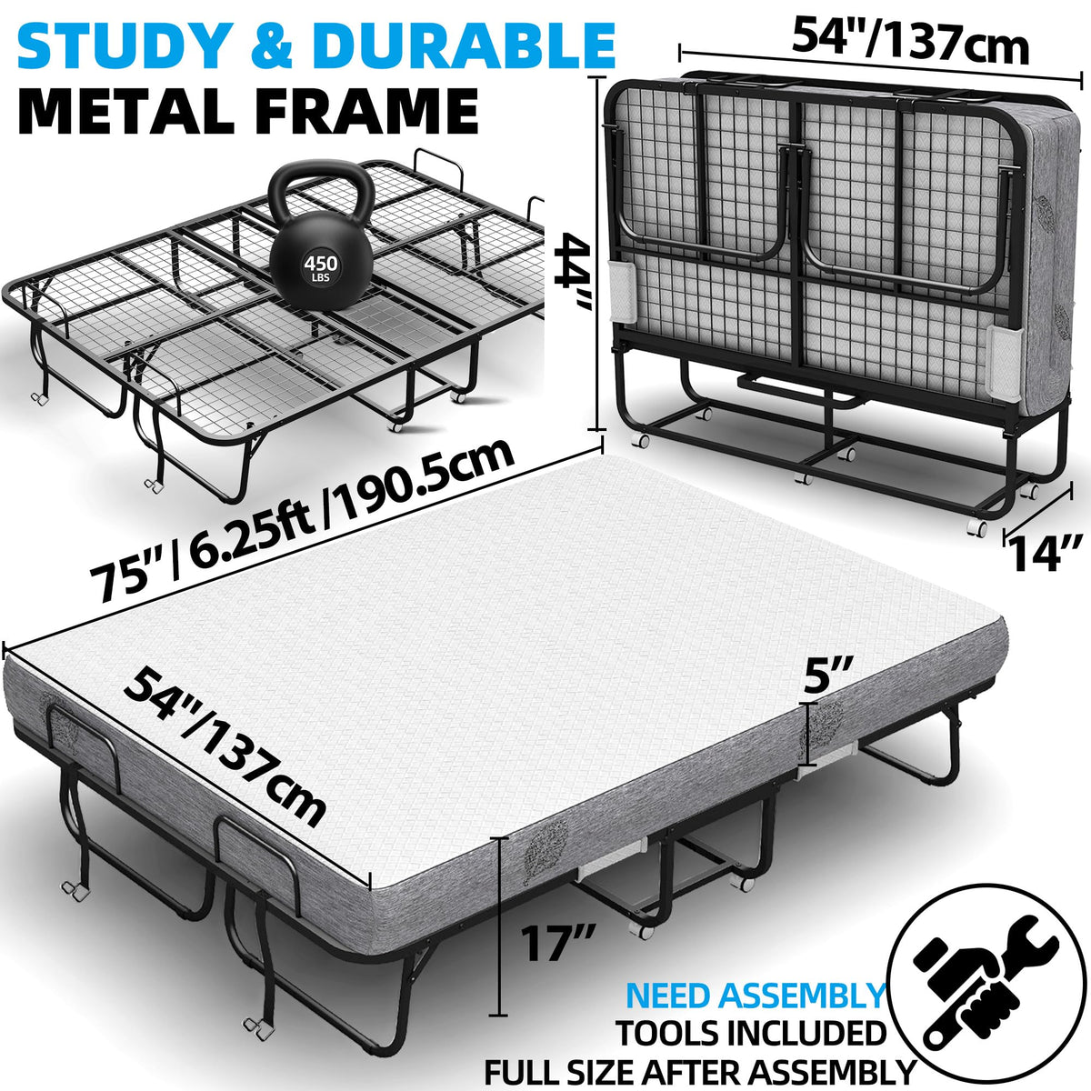 Folding Bed with Mattress Full Size 75 X 54 inch Memory Foam on Wheels V867065